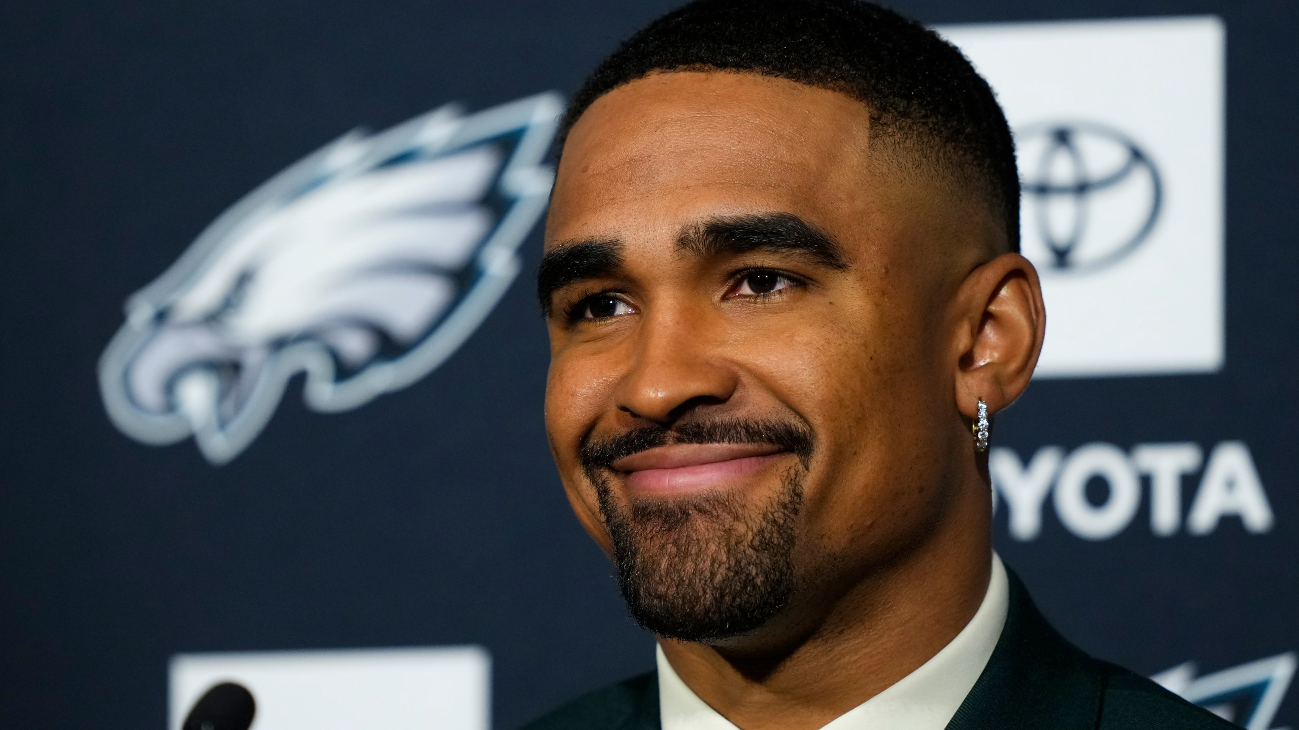 Philadelphia Eagles quarterback Jalen Hurts speaks with members of the media at the NFL football team's training facility in Philadelphia, Monday, April 24, 2023. (AP Photo/Matt Rourke)