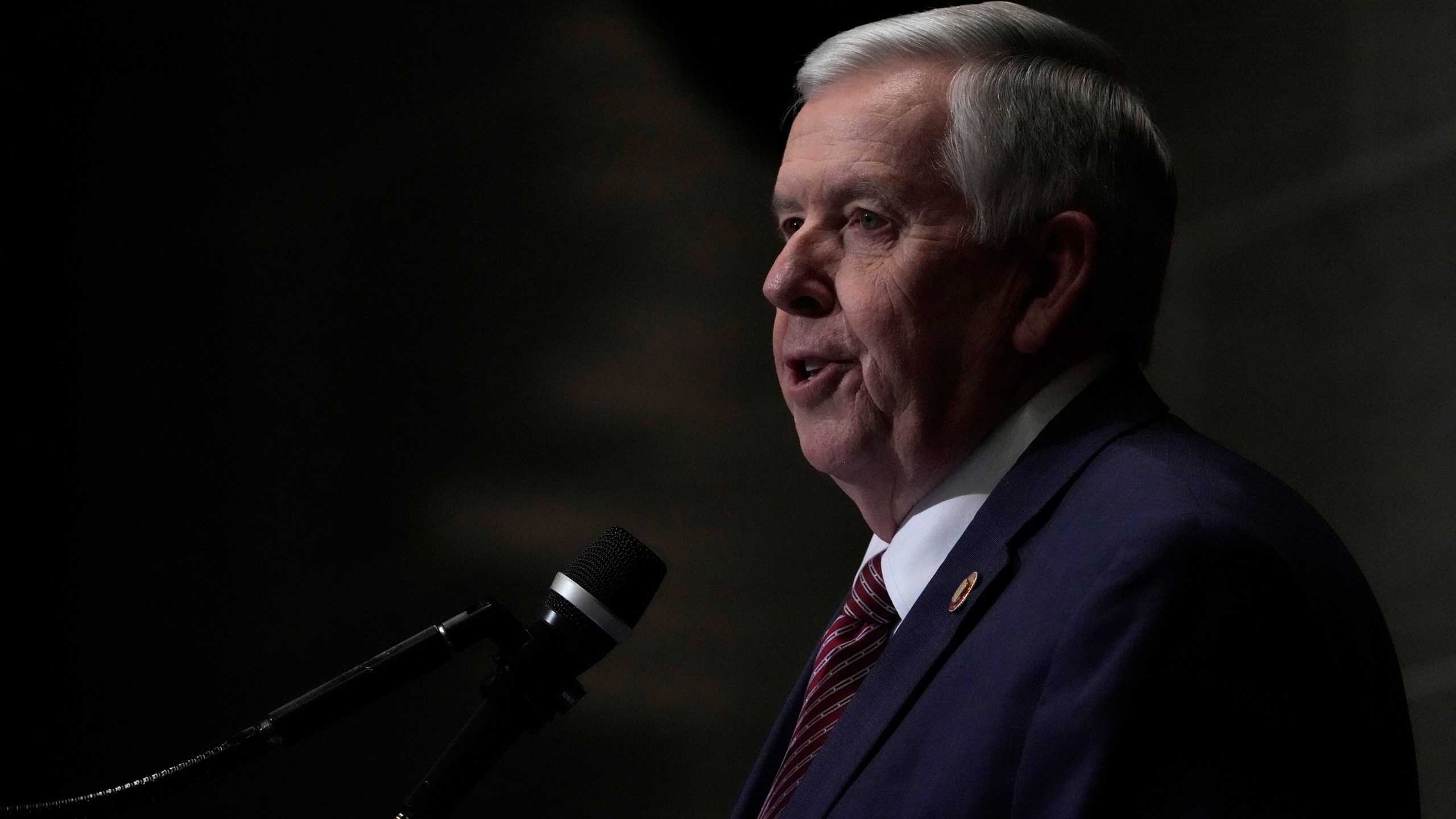 FILE - Missouri Gov. Mike Parson delivers the State of the State address Wednesday, Jan. 18, 2023, in Jefferson City, Mo. Parson on Friday, May 19, will announce his pick to serve out the remainder of Kim Gardner’s term as the chief prosecutor in St. Louis, following her sudden departure earlier this week. (AP Photo/Jeff Roberson, File)