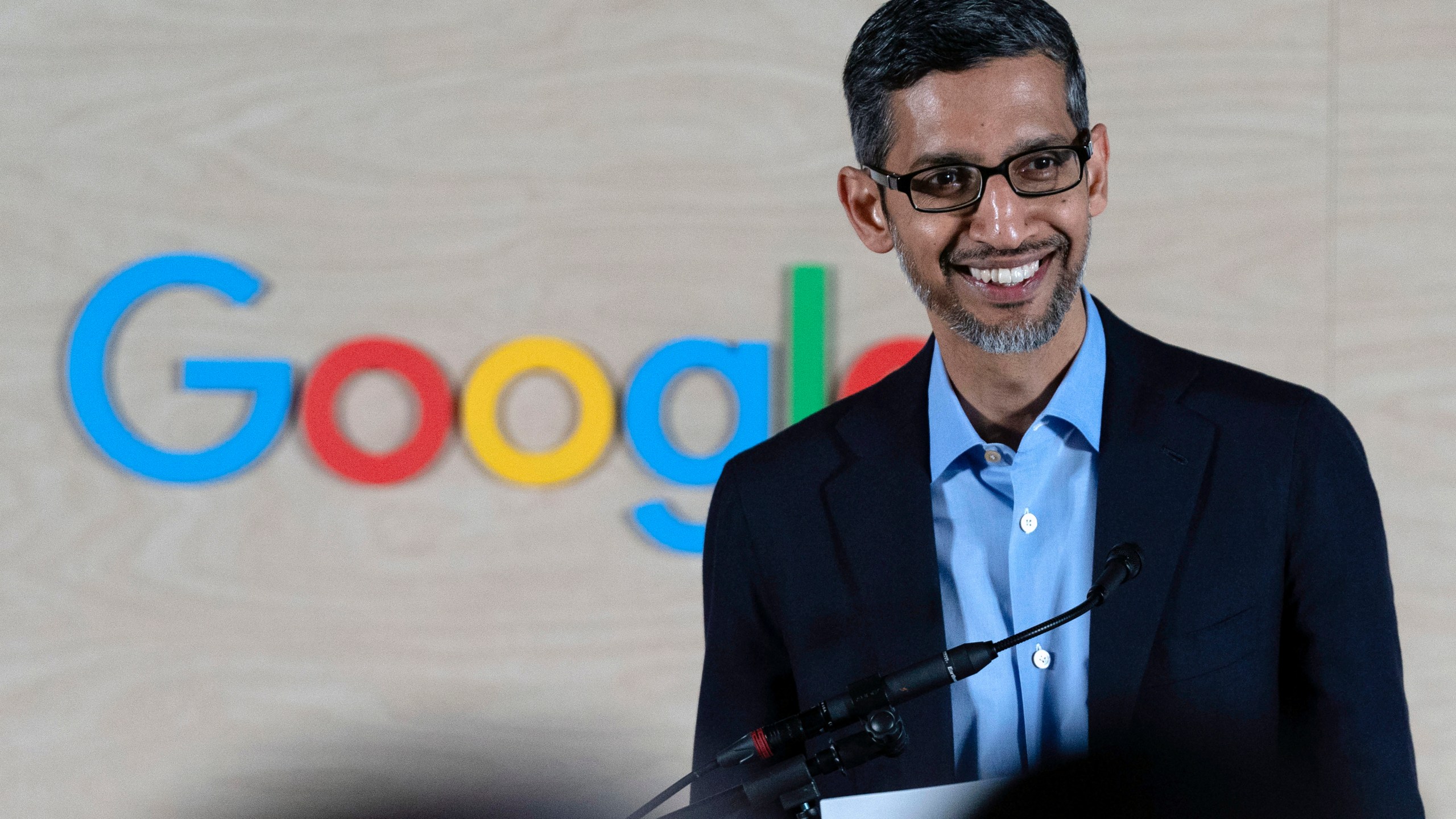 Google CEO Sundar Pichai speaks to college students about strengthening the cybersecurity workforce during a workshop at the Google office in Washington, Thursday, June 22, 2023. (AP Photo/Jose Luis Magana)