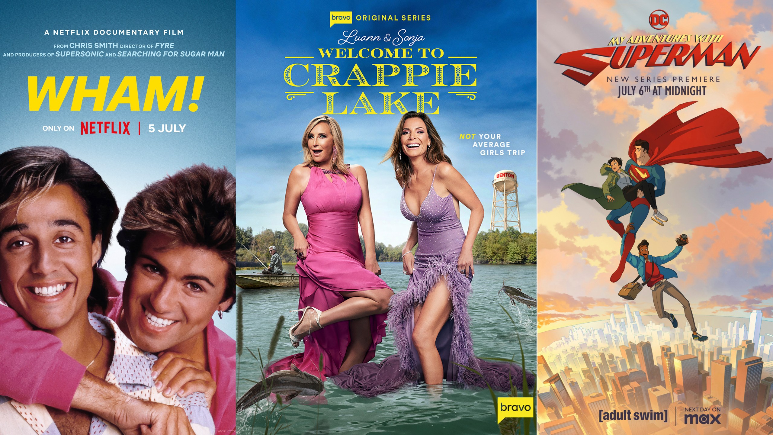 This combination of images shows "Wham!," a documentary premiering July 5 on Netflix, left, the Bravo series “Luann and Sonja: Welcome to Crappie Lake," premiering July 9, and the animated series "My Adventures with Superman,” premiering at midnight on July 6 on Adult Swim, and the next day on Max. (Netflix/Adult Swim via AP)