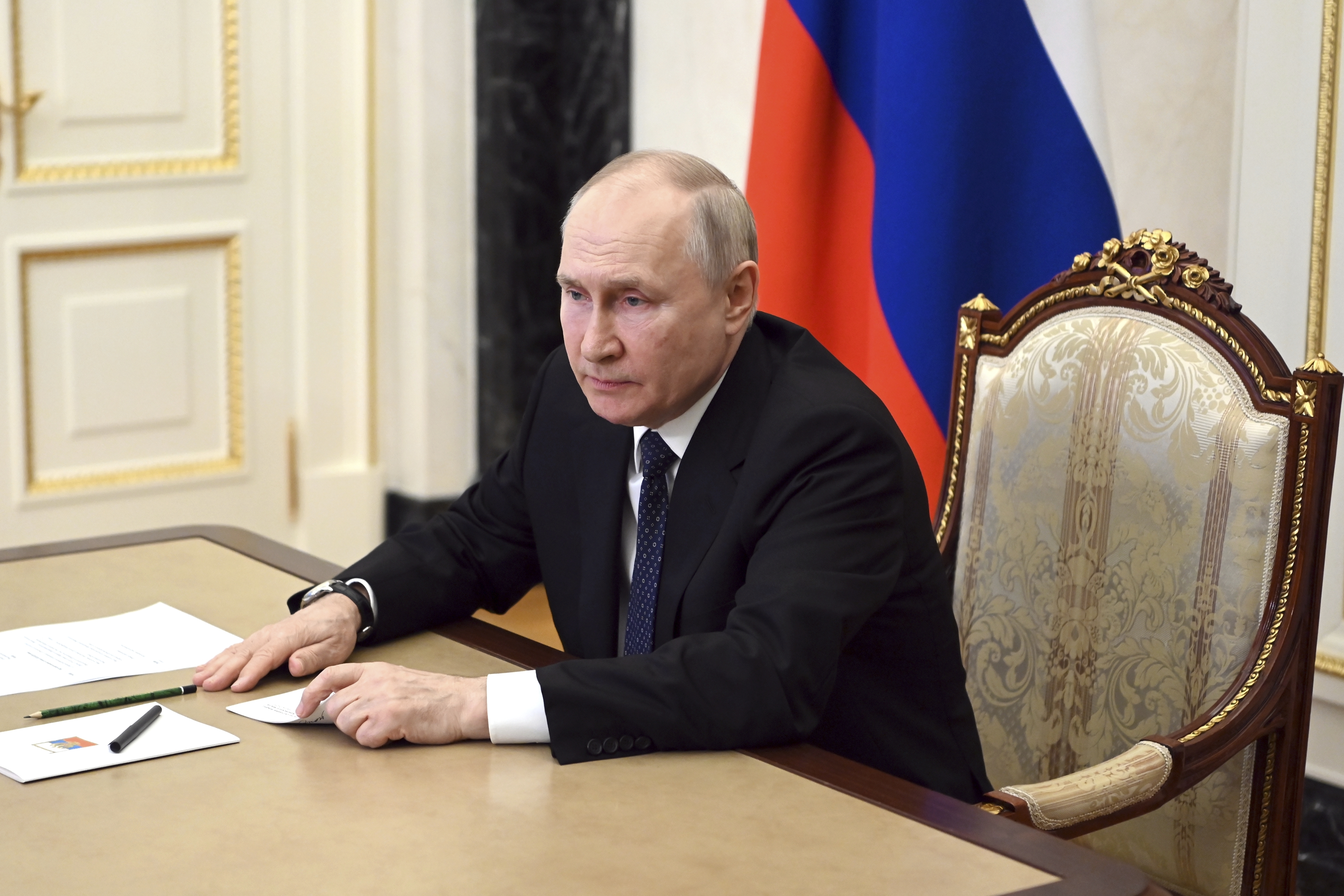 Russian President Vladimir Putin Vladimir attends a meeting on the situation in the area of the Crimean bridge via video conference at the Kremlin in Moscow, Russia, Monday, July 17, 2023. (Alexander Kazakov, Sputnik, Kremlin Pool Photo via AP)