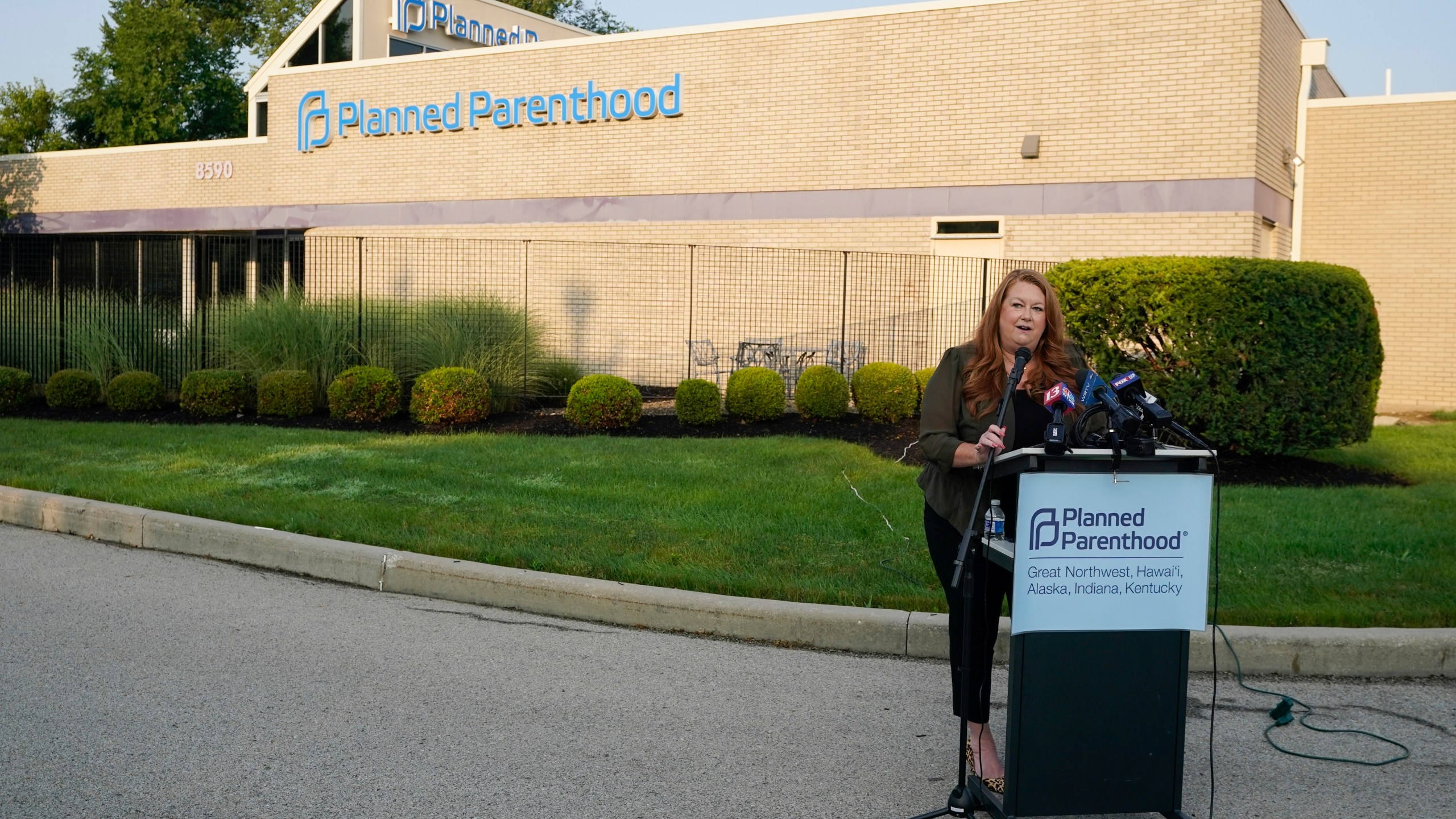 Rebecca Gibron, CEO of the Planned Parenthood division that includes Indiana, speaks during a news conference outside of a Planned Parenthood clinic, Tuesday, Aug. 1, 2023, in Indianapolis. (AP Photo/Darron Cummings)