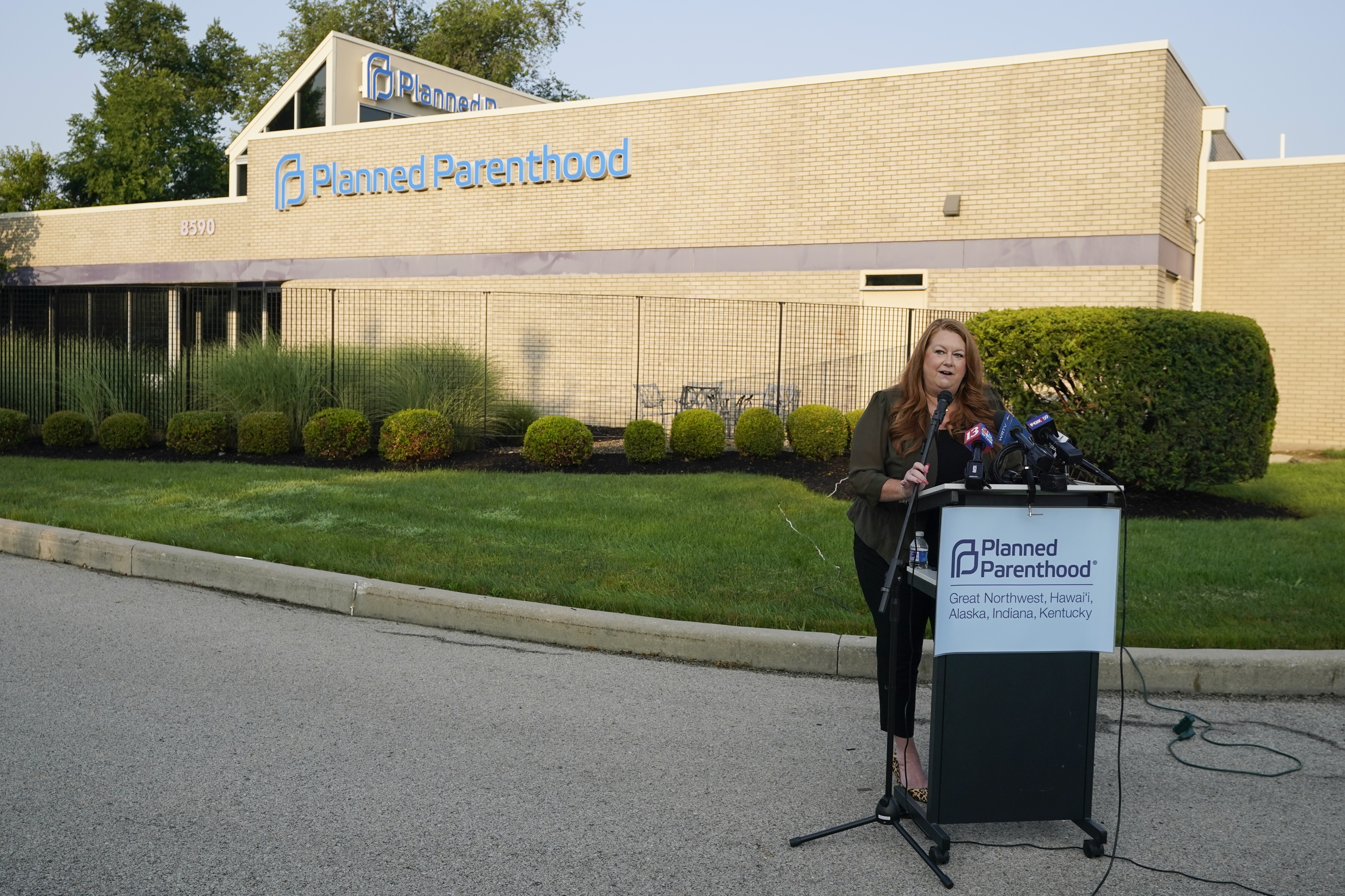 Rebecca Gibron, CEO of the Planned Parenthood division that includes Indiana, speaks during a news conference outside of a Planned Parenthood clinic, Tuesday, Aug. 1, 2023, in Indianapolis. (AP Photo/Darron Cummings)