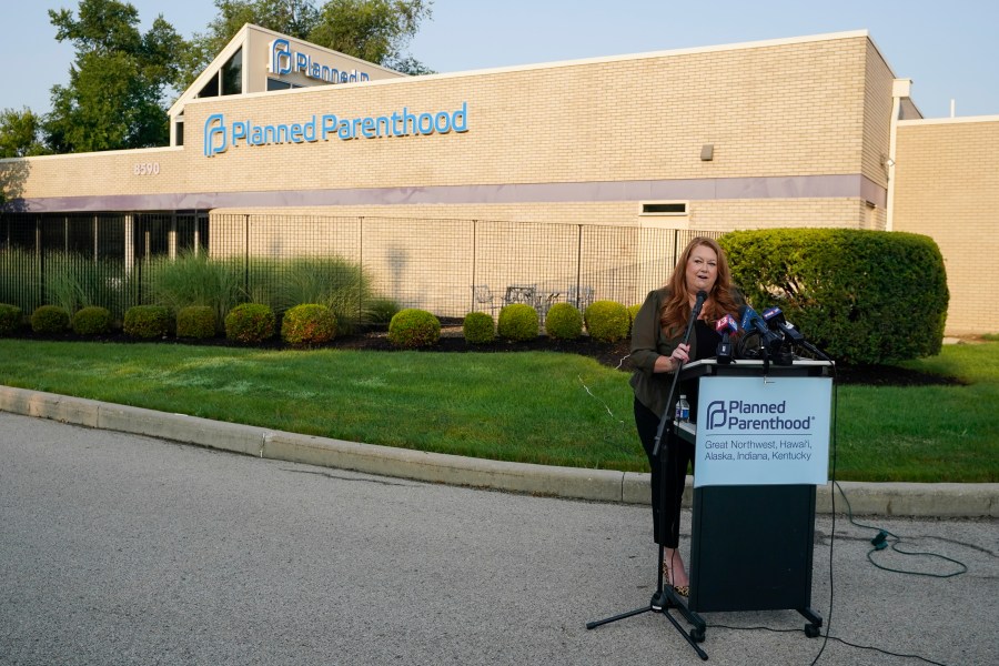 Rebecca Gibron, CEO of the Planned Parenthood division that includes Indiana, speaks during a news conference outside of a Planned Parenthood clinic, Tuesday, Aug. 1, 2023, in Indianapolis. (AP Photo/Darron Cummings)