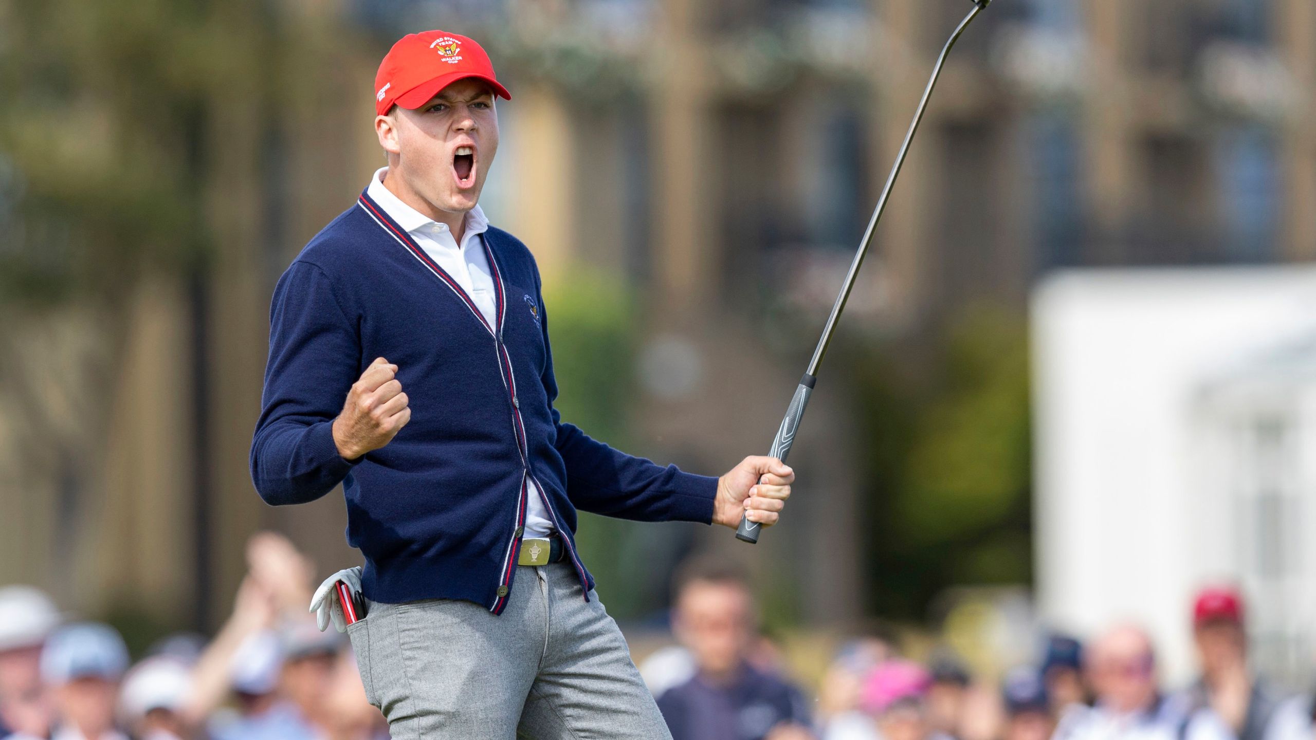 Preston Summerhays of the USA celebrates winning the match on the 17th green during day two of the 2023 Walker Cup at St Andrews, Scotland, Sunday Sept. 3, 2023. (Robert Perry/PA via AP)