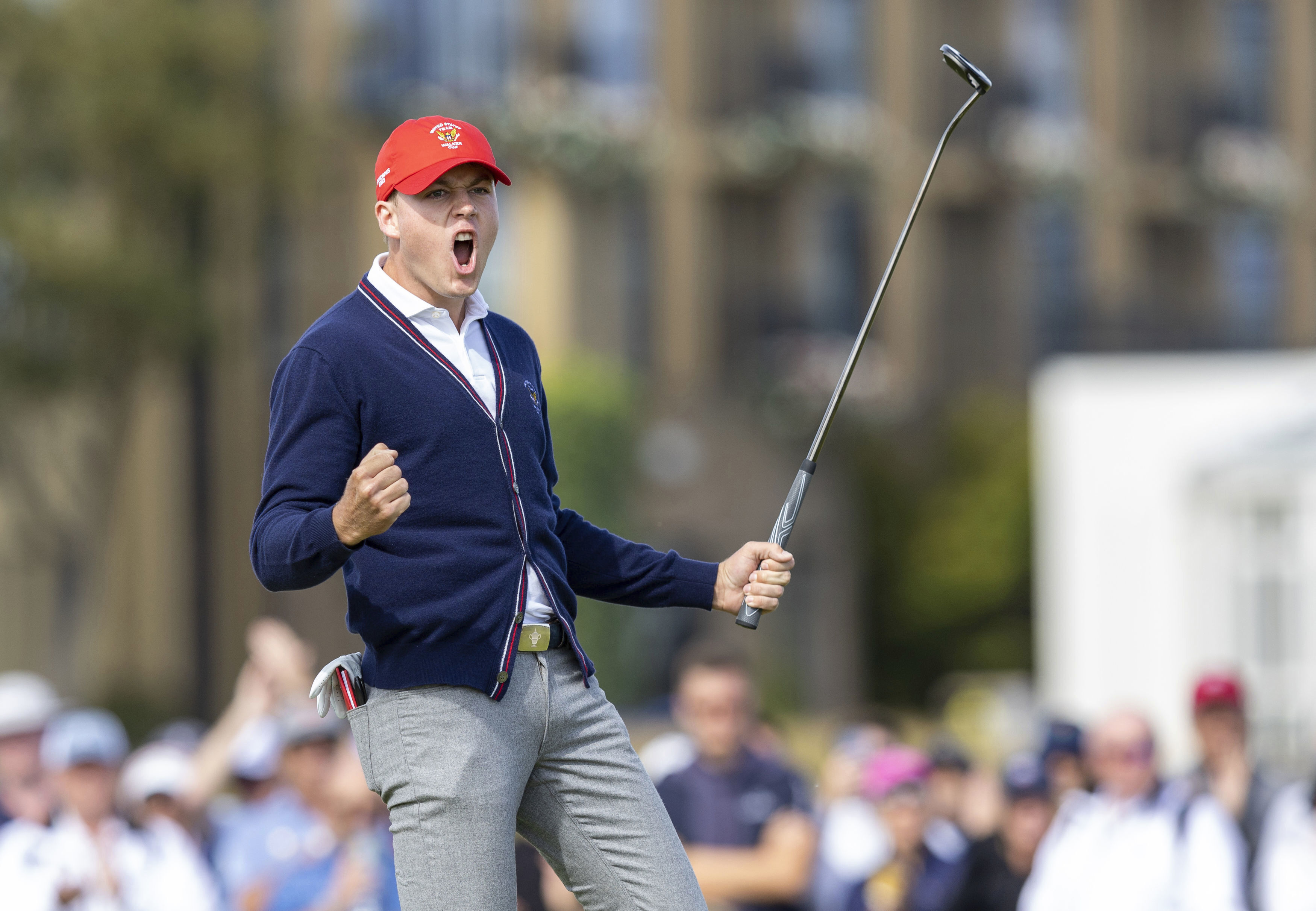 Preston Summerhays of the USA celebrates winning the match on the 17th green during day two of the 2023 Walker Cup at St Andrews, Scotland, Sunday Sept. 3, 2023. (Robert Perry/PA via AP)