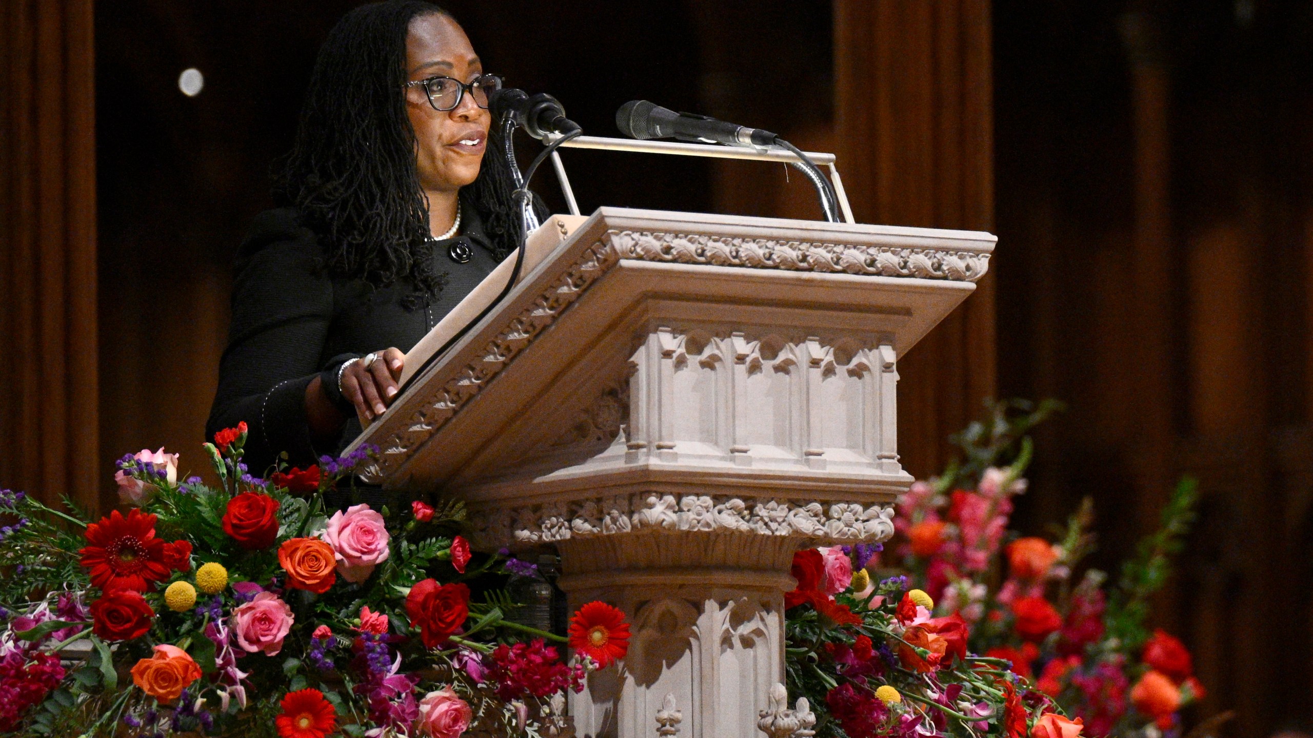 Supreme Court Associate Justice Ketanji Brown Jackson speaks at an unveiling and dedication ceremony at the Washington National Cathedral for the new stained-glass windows with a theme of racial justice, Saturday, Sept. 23, 2023, in Washington. (AP Photo/Nick Wass)