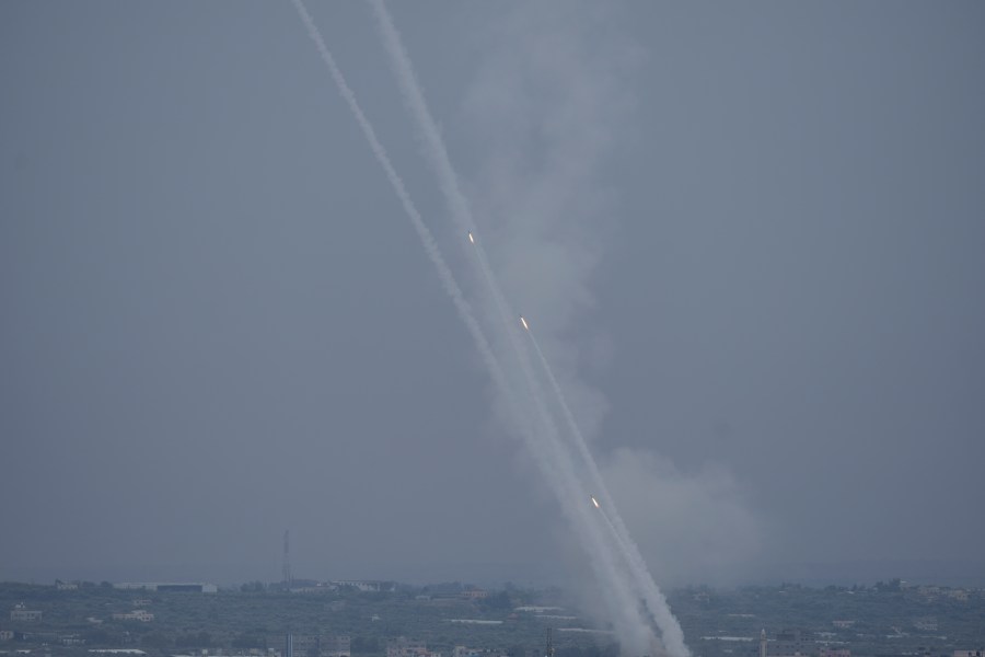 Rockets are fired towards Israel from the Gaza Strip on Monday, Oct. 9, 2023. (AP Photo/Hatem Moussa)