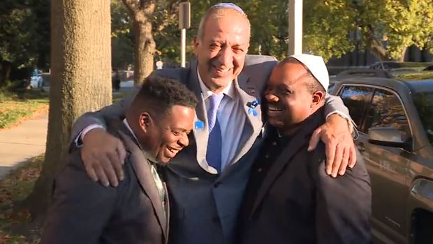 Rabbi Koas, Rev. Giddens and Pastor McBride outside Congregation Beth El.