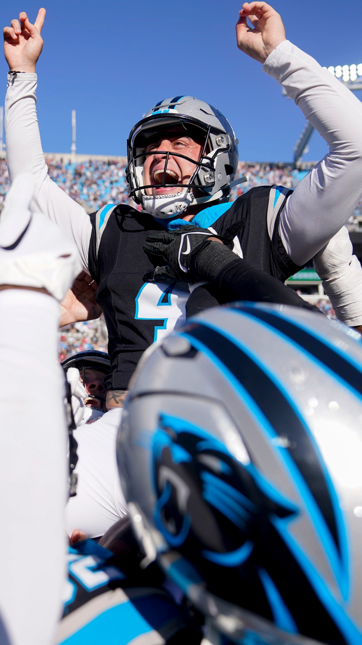 Carolina Panthers' Eddy Pineiro (4) celebrates after kicking the game-winning field goal after an an NFL football game against the Houston Texans, Sunday, Oct. 29, 2023, in Charlotte, N.C. The Carolina Panthers won 15-13.(AP Photo/Erik Verduzco)