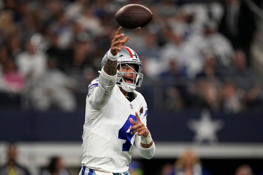 Dallas Cowboys quarterback Dak Prescott (4) throws in the second half of an NFL football game against the New York Giants, Sunday, Nov. 12, 2023, in Arlington, Texas. (AP Photo/Tony Gutierrez)