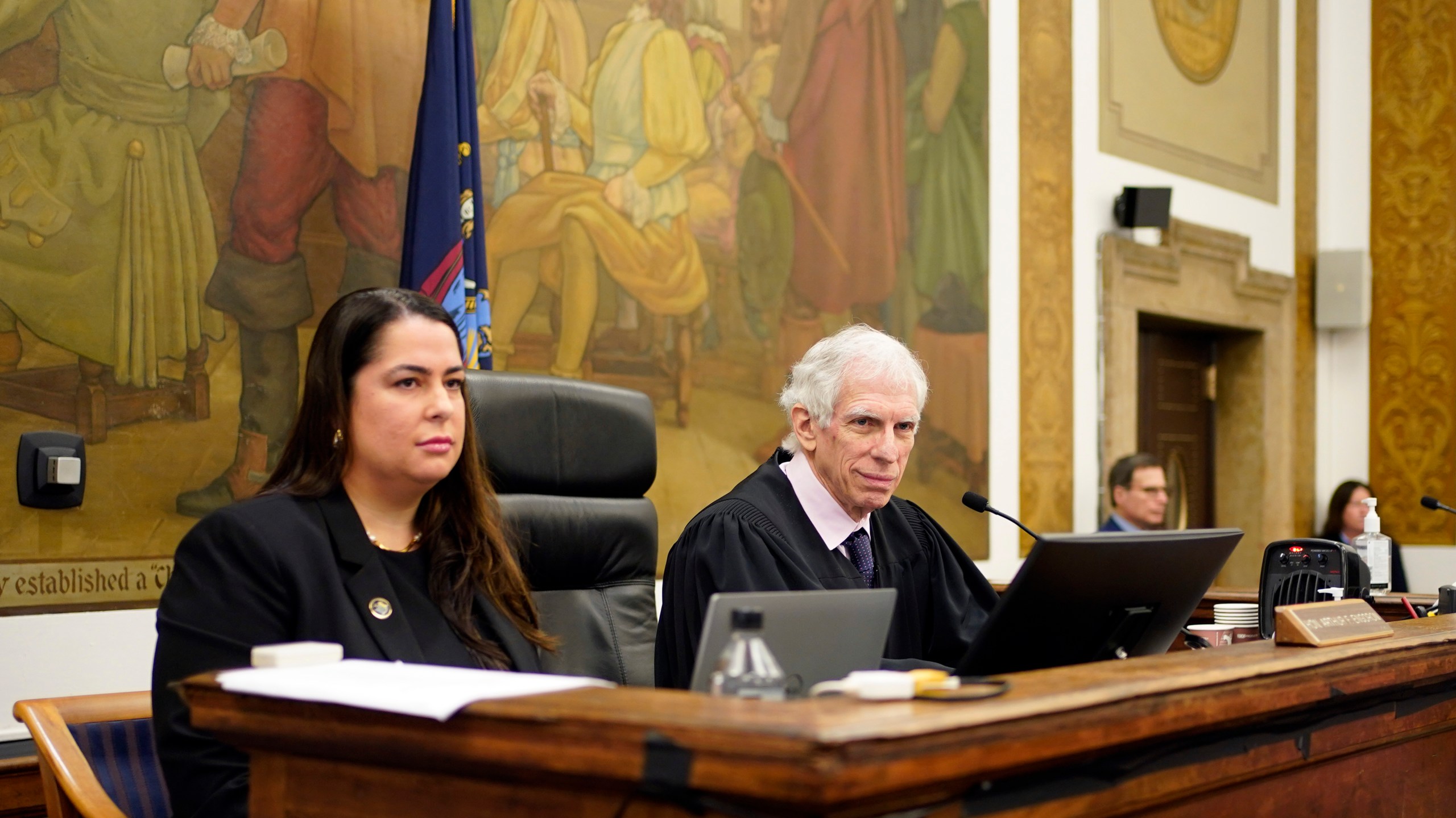 FILE - Judge Arthur Engoron, right, and principal law clerk Allison Greenfield sit on the bench during former President Donald Trump's civil business fraud trial at New York Supreme Court, Oct. 17, 2023, in New York. (AP Photo/Seth Wenig, Pool, File)