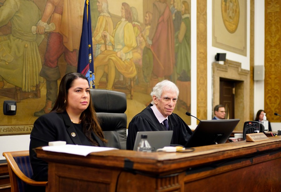 FILE - Judge Arthur Engoron, right, and principal law clerk Allison Greenfield sit on the bench during former President Donald Trump's civil business fraud trial at New York Supreme Court, Oct. 17, 2023, in New York. (AP Photo/Seth Wenig, Pool, File)