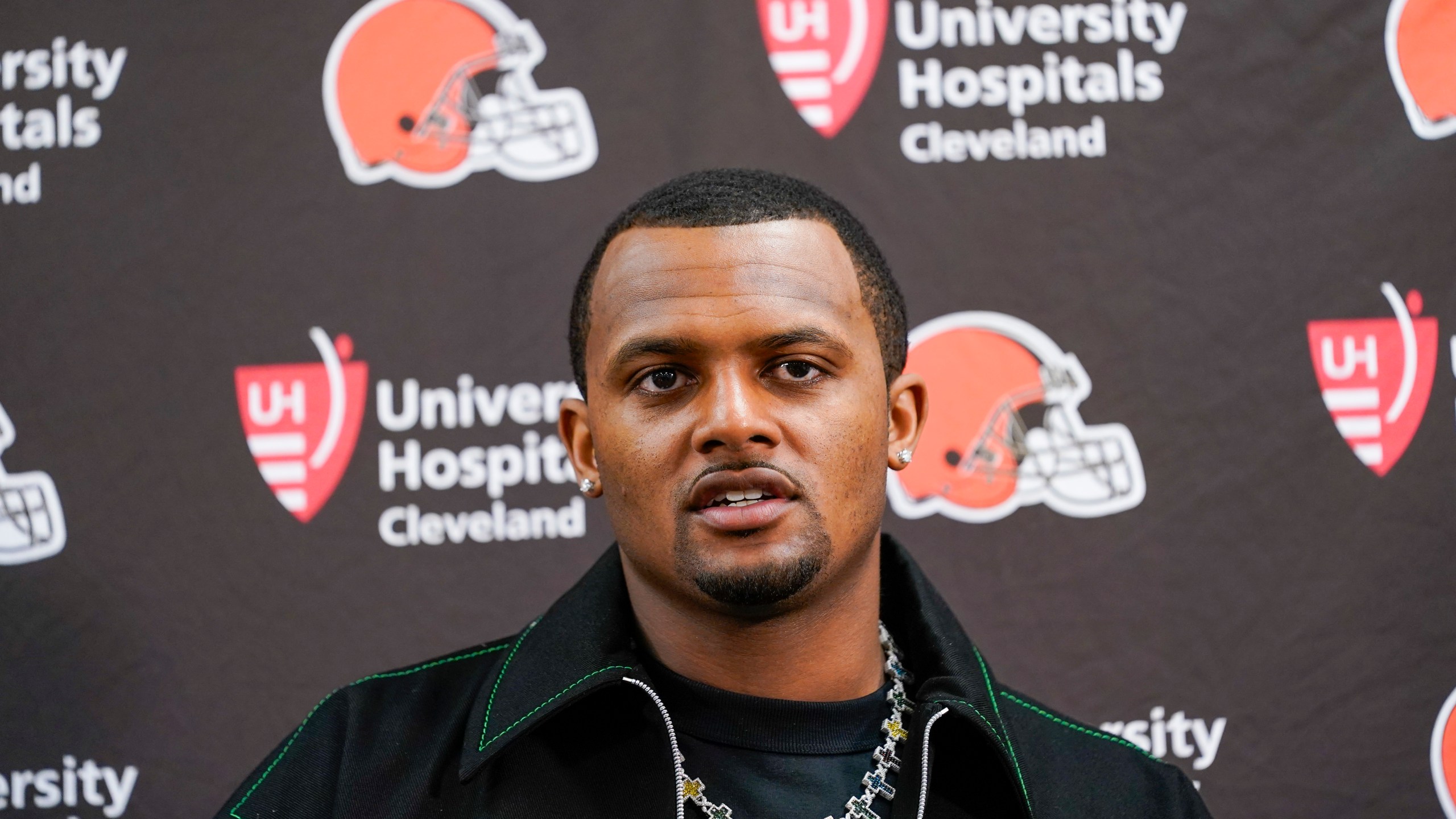 FILE - Cleveland Browns quarterback Deshaun Watson speaks during a news conference after their win against the Baltimore Ravens in an NFL football game Sunday, Nov. 12, 2023, in Baltimore. Browns quarterback Deshaun Watson will miss the rest of this season after breaking a bone in his right shoulder in Sunday's win over Baltimore — his signature game in two seasons. (AP Photo/Susan Walsh, File)