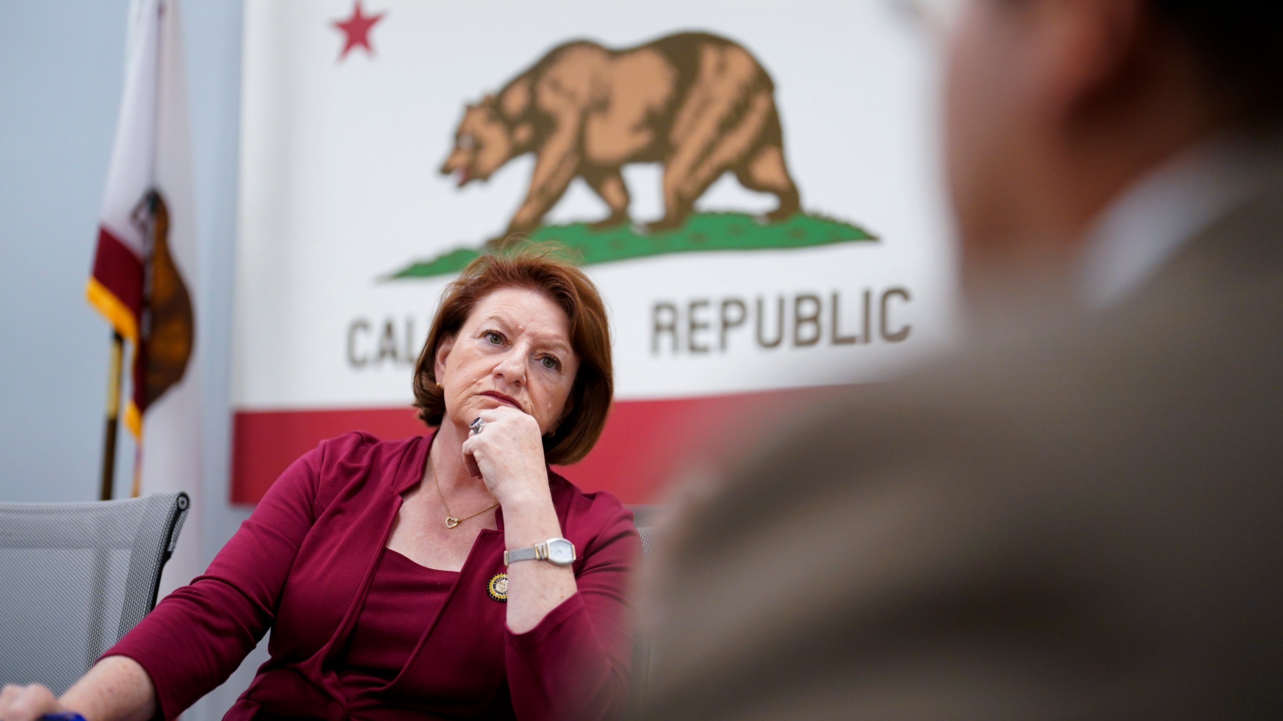 California state Senate President Pro Tempore Toni Atkins looks on during a briefing with district representatives, Monday, Nov. 13, 2023, in San Diego. Atkins is preparing to step down from her leadership post early next year, though she could make history again with a run for governor. (AP Photo/Gregory Bull)