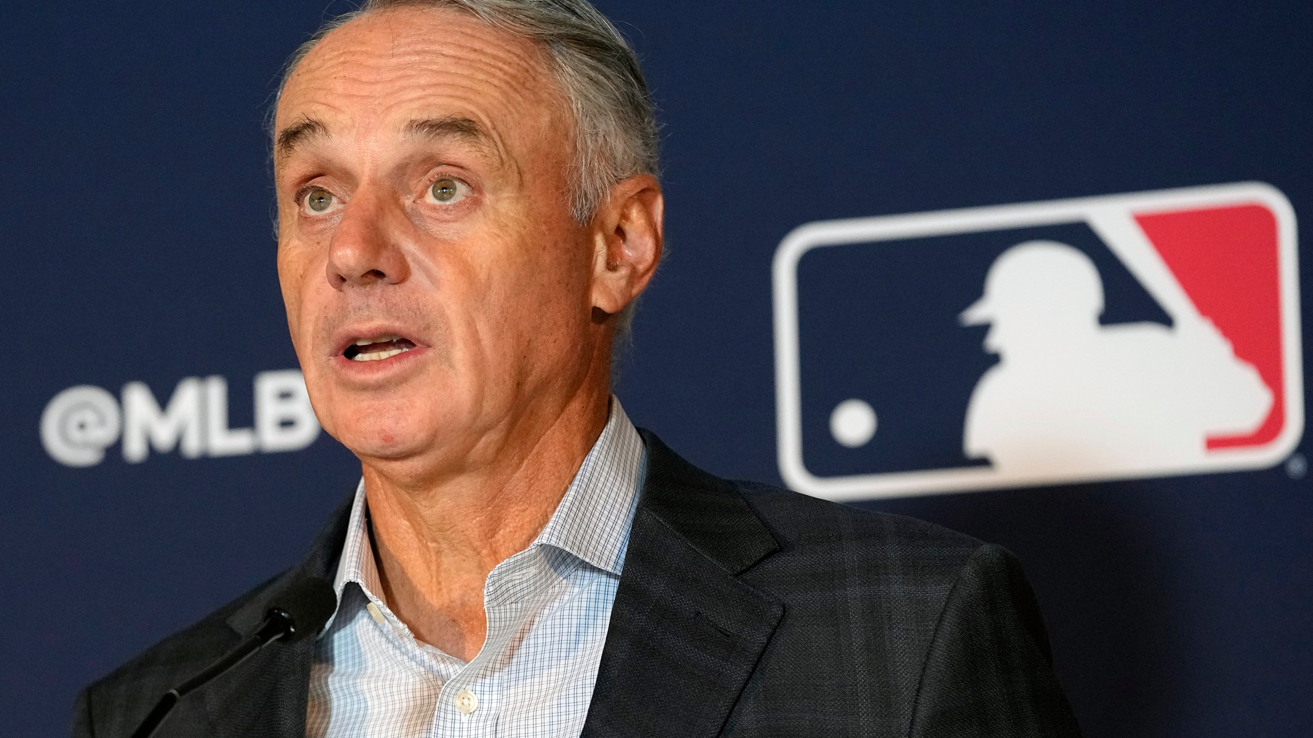 Major League Baseball commissioner Rob Manfred speaks during a news conference after an owners meeting in Arlington, Texas, Thursday, Nov. 16, 2023. The Oakland Athletics’ move to Las Vegas was unanimously approved Thursday by Major League Baseball team owners, cementing the sport’s first relocation since 2005. (AP Photo/LM Otero)