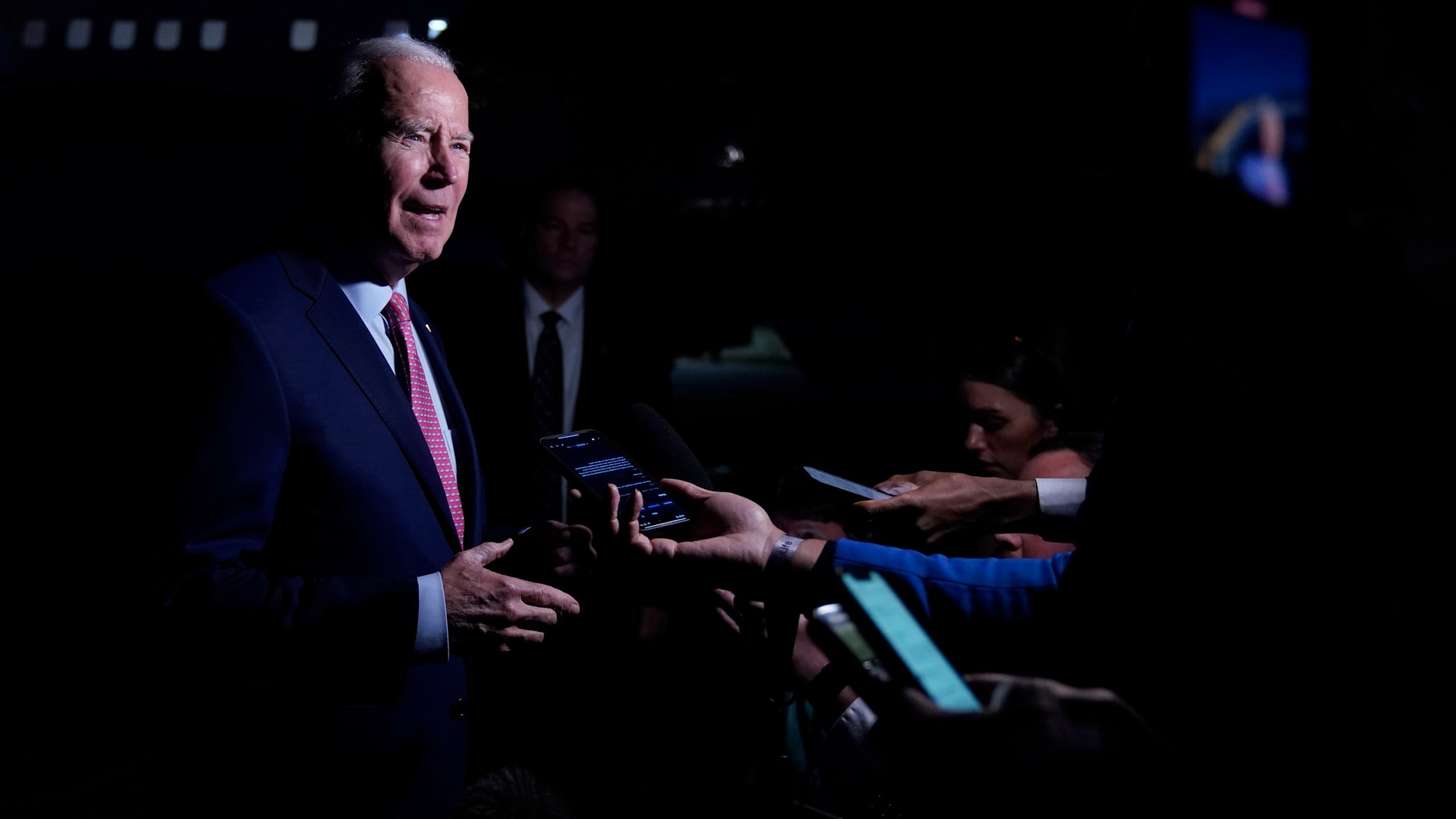 FILE - President Joe Biden speaks to members of the media before boarding Air Force One in Norfolk, Va., Nov. 19, 2023. Biden declared an emergency over lead contamination in the U.S. Virgin Islands water after tests on St. Croix revealed levels more than 100 times the limits set by the Environmental Protection Agency. (AP Photo/Manuel Balce Ceneta, File)