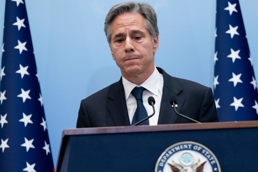 US Secretary of State Antony Blinken speaks during a press conference in Tel Aviv, Israel, Thursday, Nov. 30, 2023. Blinken on November 30 urged Israel to create safe zones for Palestinian civilians in Gaza before it resumes "major military operations" in the Hamas-ruled territory. (Saul Loeb/Pool Photo via AP)