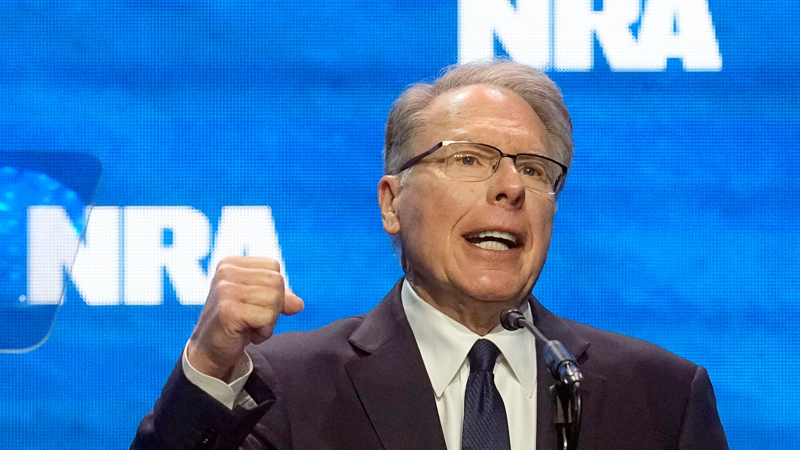 FILE - Wayne LaPierre, CEO and executive vice-president of the National Rifle Association, addresses the National Rifle Association Convention, April 14, 2023, in Indianapolis. The National Rifle Association of America (NRA) announced Friday, Jan. 5, 2024, that LaPierre said he is stepping down from his position as chief executive of the organization, effective Jan. 31. (AP Photo/Darron Cummings, File)