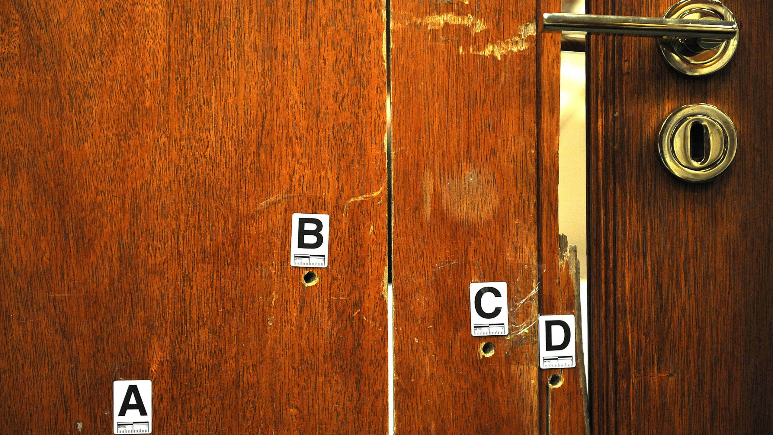 FILE — The bullet-riddled toilet door through which Oscar Pistorius shot and killed his girlfriend Reeva Sttenkamp is exhibited in court in Pretoria, South Africa, Monday, April 14, 2014. Pistorius shot his girlfriend Reeva Steenkamp more than a decade ago in a Valentine's Day killing that jolted the world and shattered the image of a sports superstar. (AP Photo/Antoine de Ras, Pool, File)