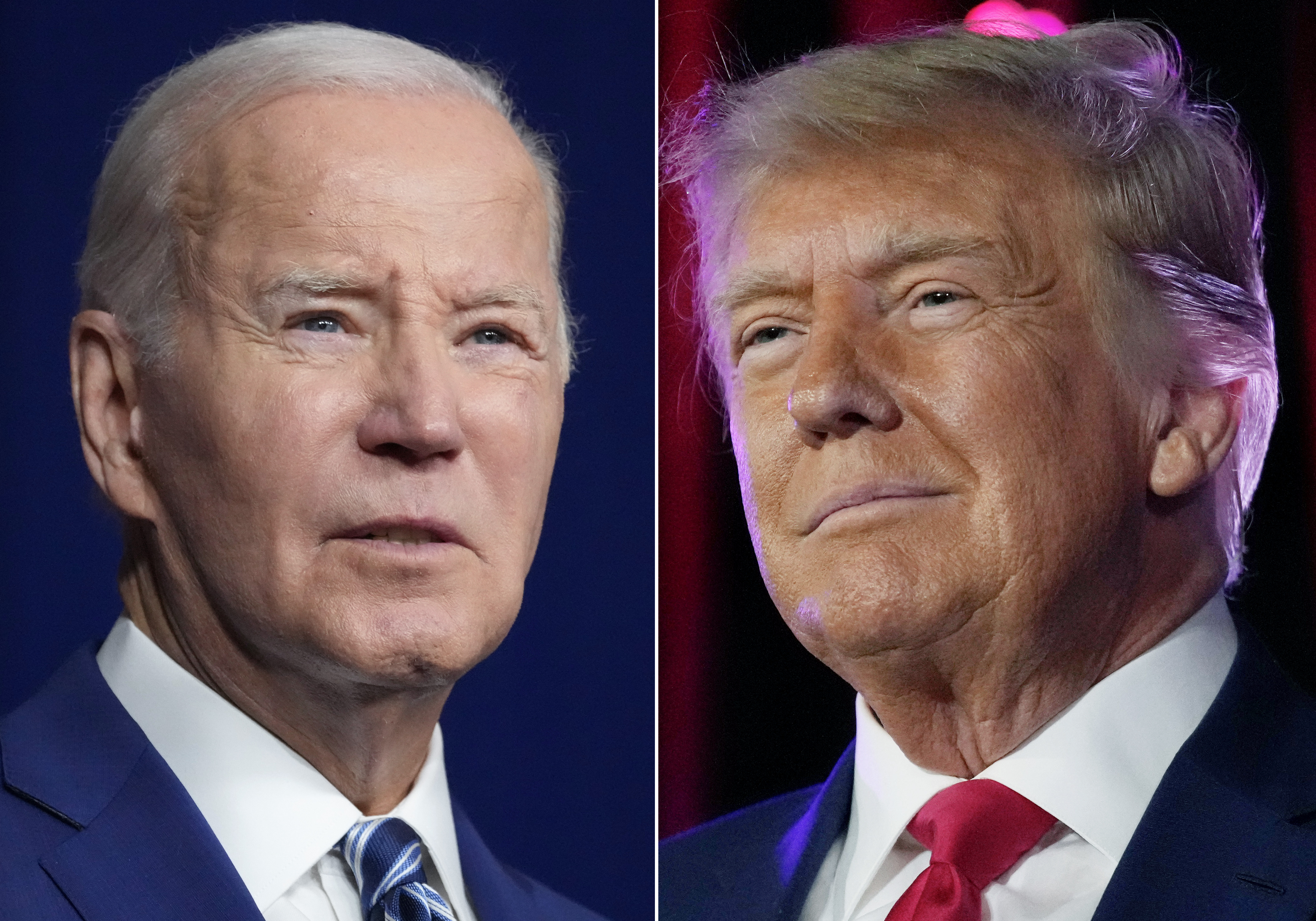 In this combination of photos, President Joe Biden speaks on Aug. 10, 2023, in Salt Lake City, left, and former President Donald Trump speaks on July 8, 2023, in Las Vegas. As the U.S. presidential campaign moves closer to a Donald Trump-Joe Biden rematch, China is watching uneasily.(AP Photo)