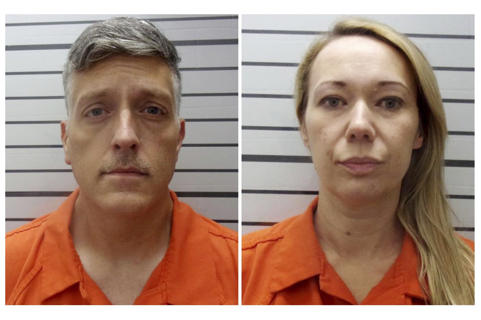 FILE - This combination of booking photos provided by the Muskogee County, Okla., Sheriff's Office shows Jon Hallford, left, and Carie Hallford, the owners of Return to Nature Funeral Home. Prosecutors were set to lay out their case Thursday, Feb. 8, 2024, against Jon Hallford, a former co-owner of the Colorado funeral home where nearly 200 bodies, some of them stacked and partially covered, were found last year in a building infested with flies and maggots. (Muskogee County Sheriff's Office via AP, File)