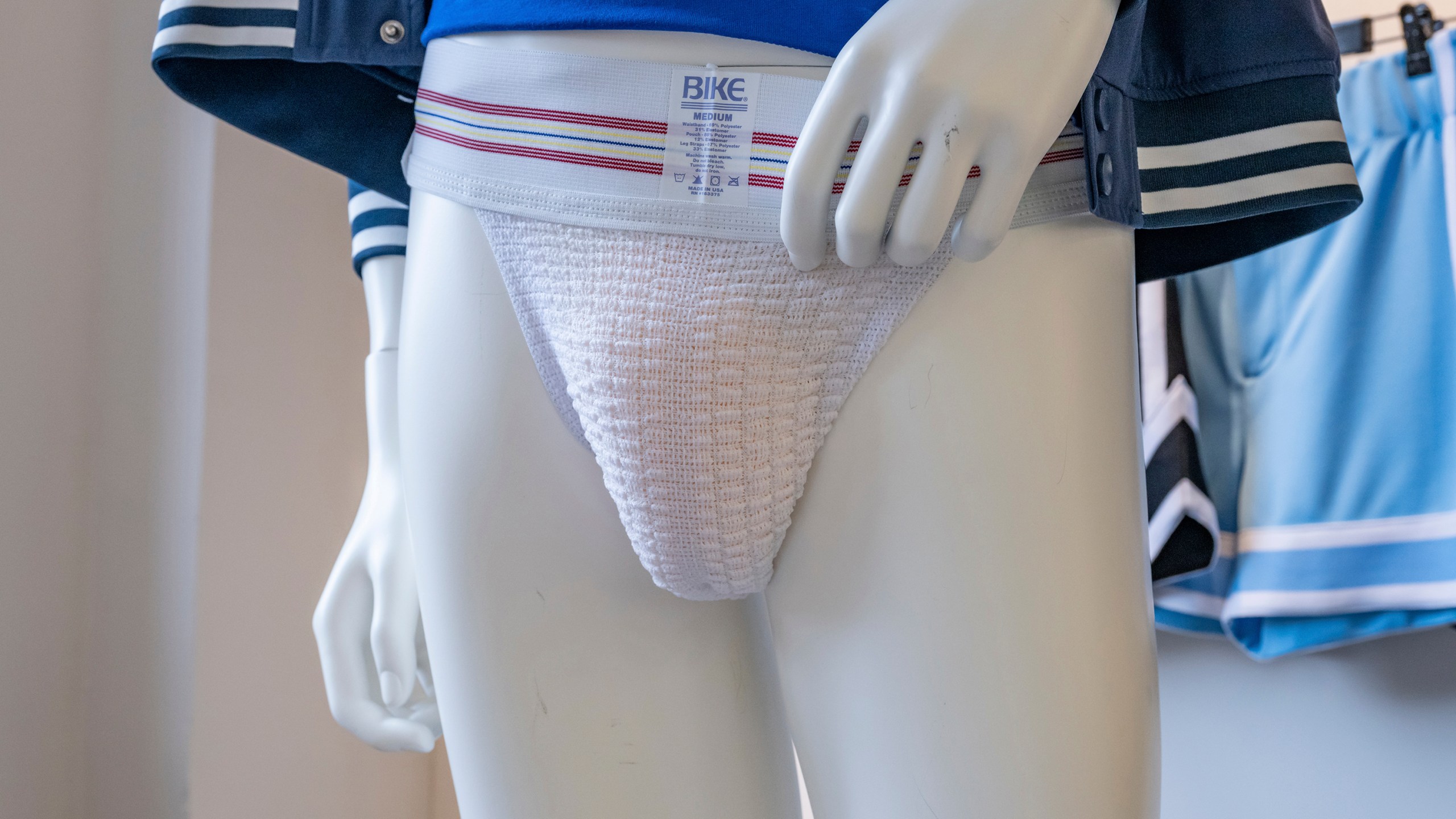 This image released by BIKE Athletic shows a jockstrap displayed at a showroom in New York on March 6, 2024. (Andrew Werner Photography for BIKE Athletic via AP)