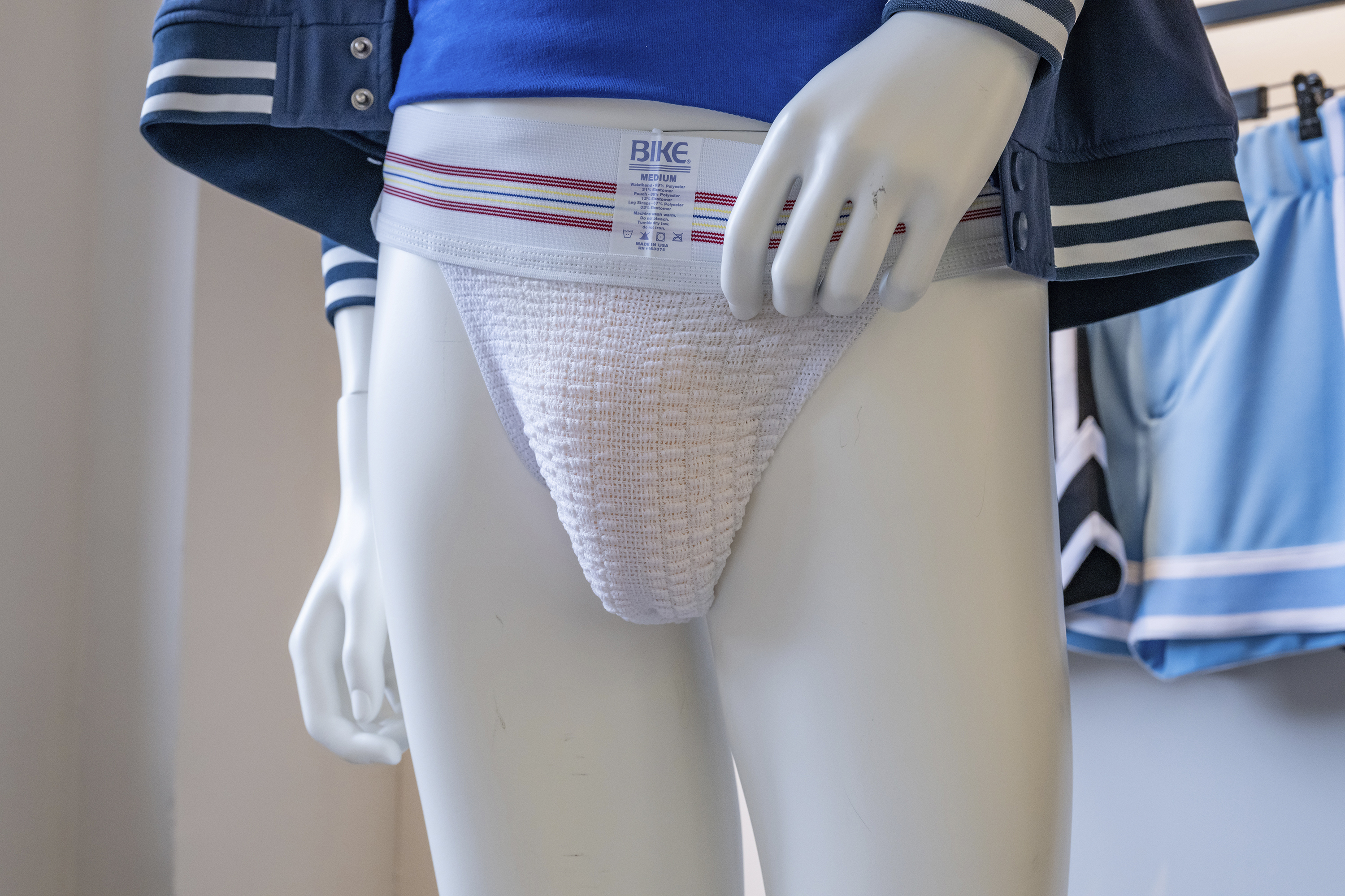 This image released by BIKE Athletic shows a jockstrap displayed at a showroom in New York on March 6, 2024. (Andrew Werner Photography for BIKE Athletic via AP)