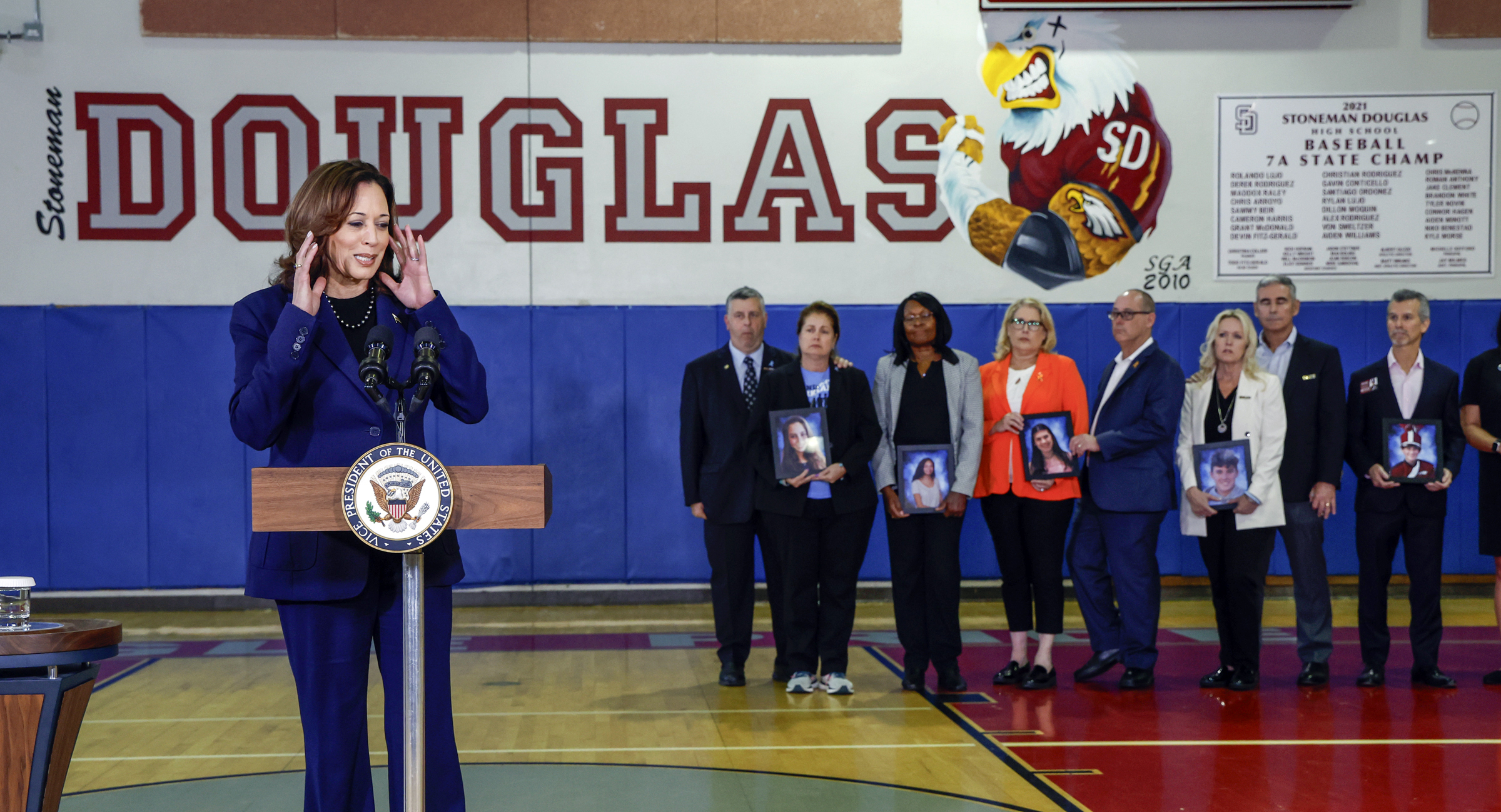 Vice President Kamala Harris speaks to the media after she and the White House Office of Gun Violence Prevention met with families whose loved ones were murdered during the 2018 mass shooting that took the lives of 14 students and three staff members at Marjory Stoneman Douglas High School in Parkland, Fla., Saturday, March 23, 2024. (Al Diaz/Miami Herald via AP)