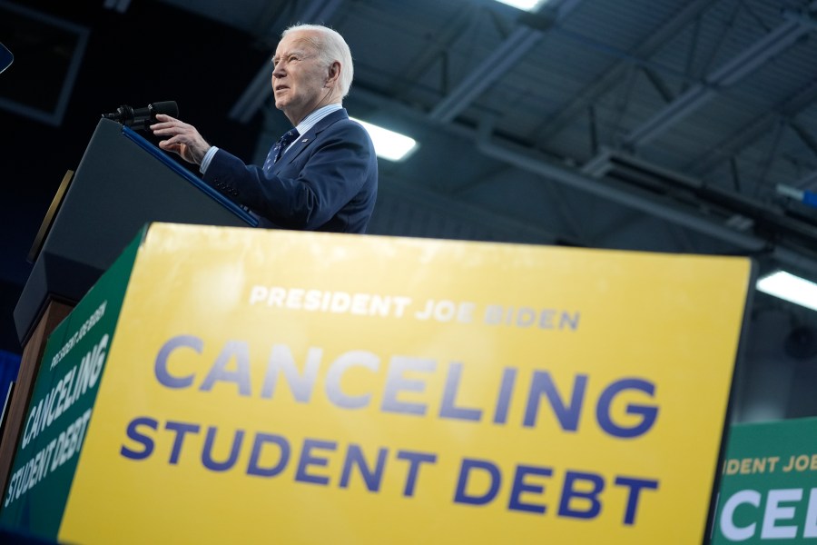 President Joe Biden delivers remarks on student loan debt at Madison College, Monday, April 8, 2024, in Madison, Wis. (AP Photo/Evan Vucci)