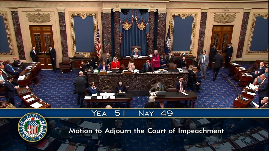 In this image from video from Senate Television, Sen. Patty Murray, D-Wash., presiding over the Senate acting as a court of impeachment, announces the results of the vote to adjourn the court of impeachment, at the impeachment trial of Homeland Security Secretary Alejandro Mayorkas on the Senate floor at the U.S. Capitol, Wednesday, April 17, 2024, in Washington. (Senate Television via AP)