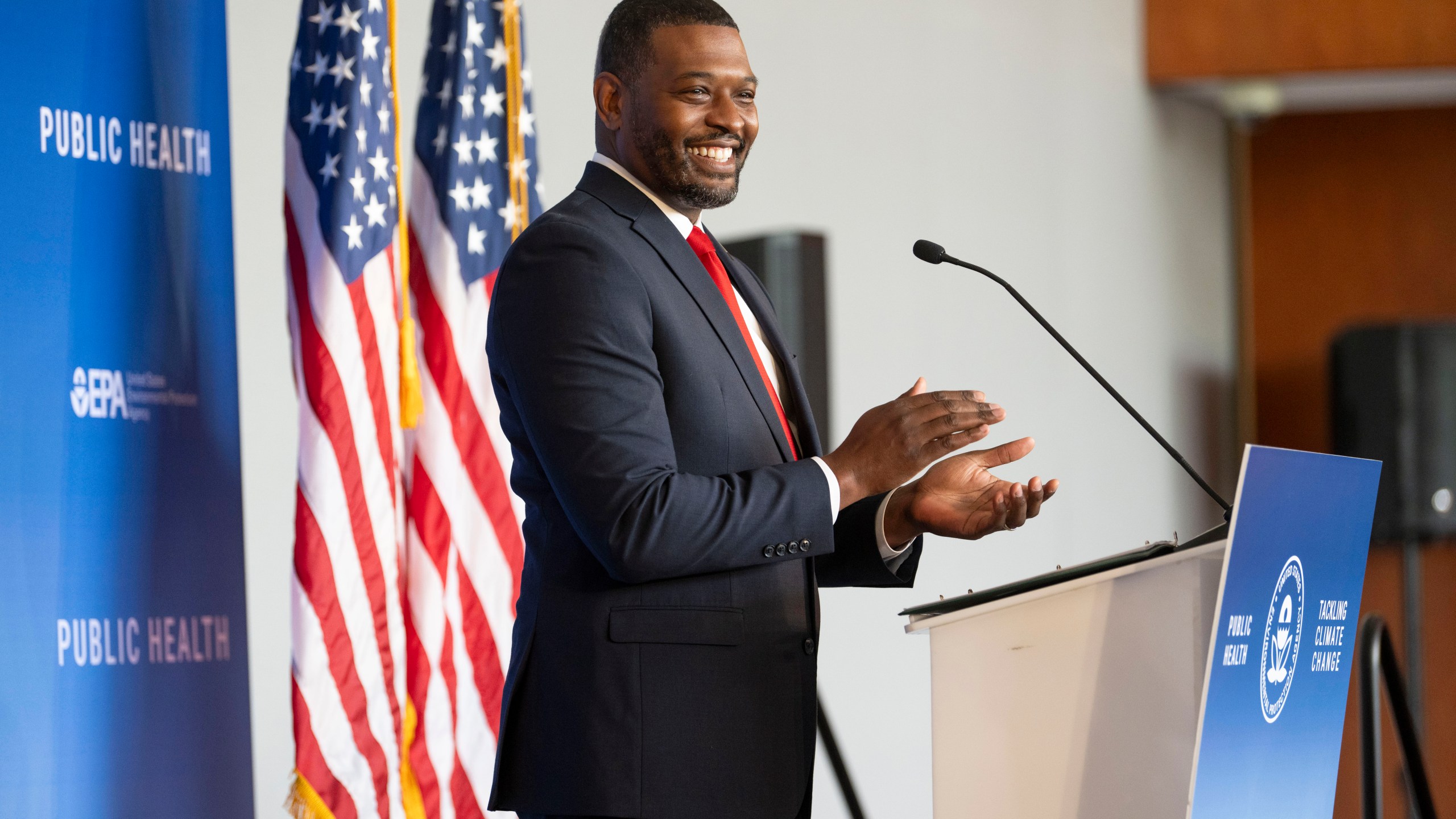 Environmental Protection Agency Administrator Michael Regan announces final standards to reduce pollution from power plants during an event at Howard University on Thursday, April 25, 2024, in Washington. (AP Photo/Kevin Wolf)