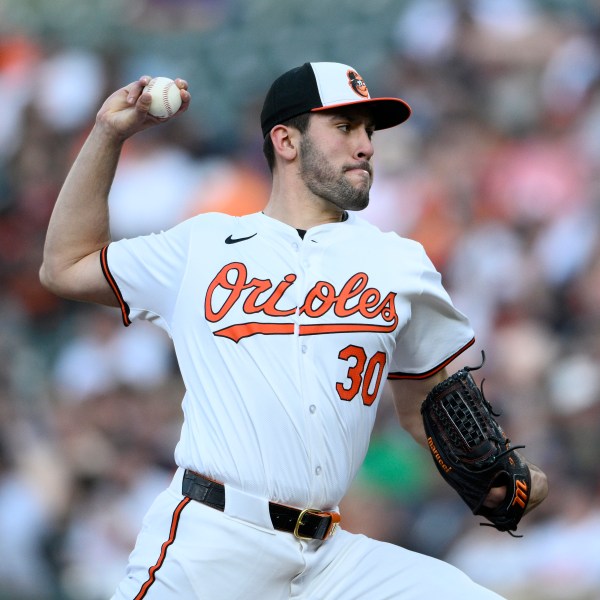 Baltimore Orioles starting pitcher Grayson Rodriguez. throws during the second inning of a baseball game against the New York Yankees, Monday, April 29, 2024, in Baltimore. (AP Photo/Nick Wass)
