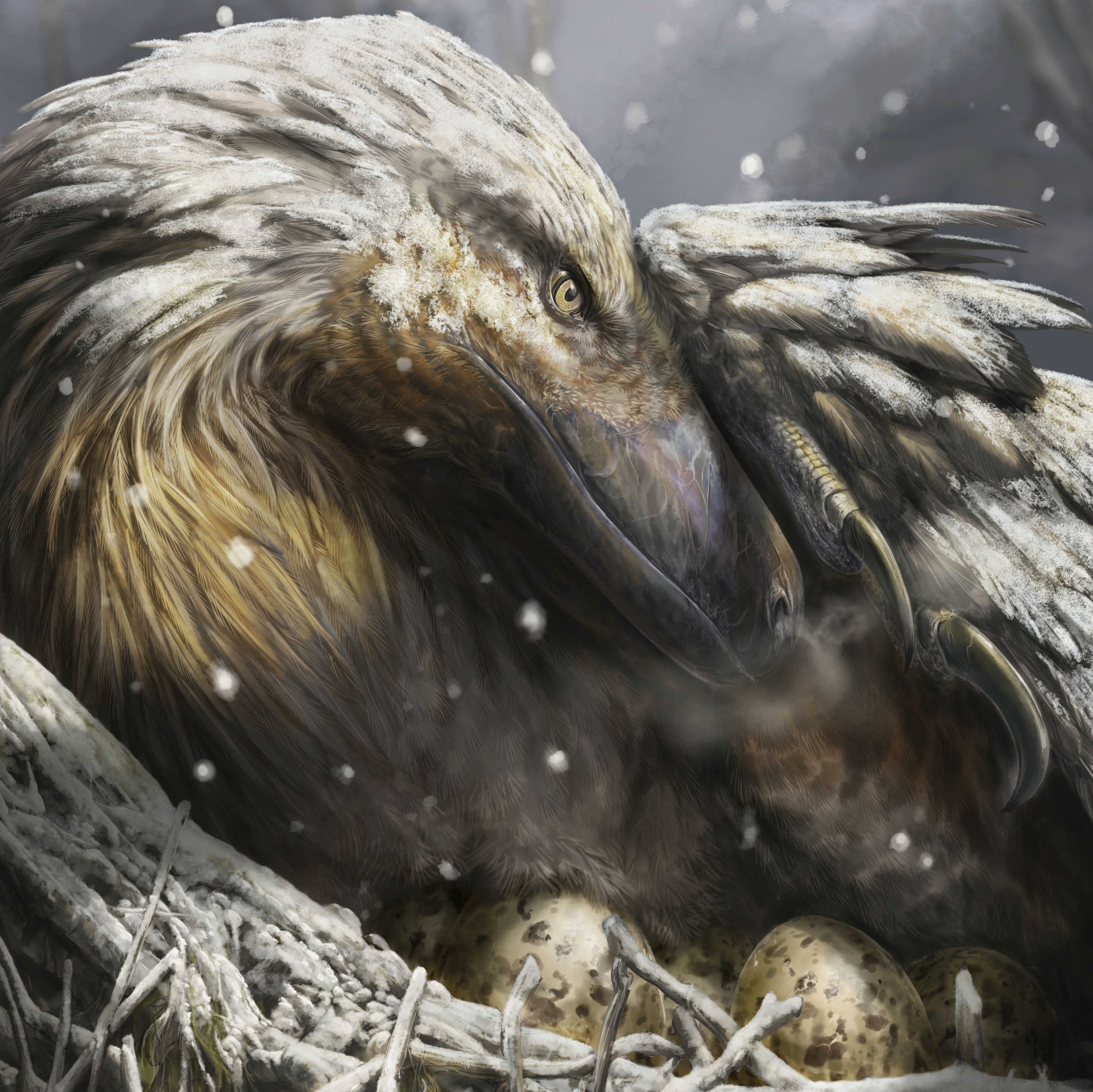 This illustration provided by the University of Vigo and University College London, depicts a dromaeosaur incubating its eggs as snow falls. The raptor, along with other select dinosaurs, may have evolved to be warm-blooded 180 million years ago, generating their own body heat to withstand chilly temperatures, according to research published in the journal Current Biology Wednesday, May 15, 2024. (Davide Bonadonna/University of Vigo/University College London via AP)