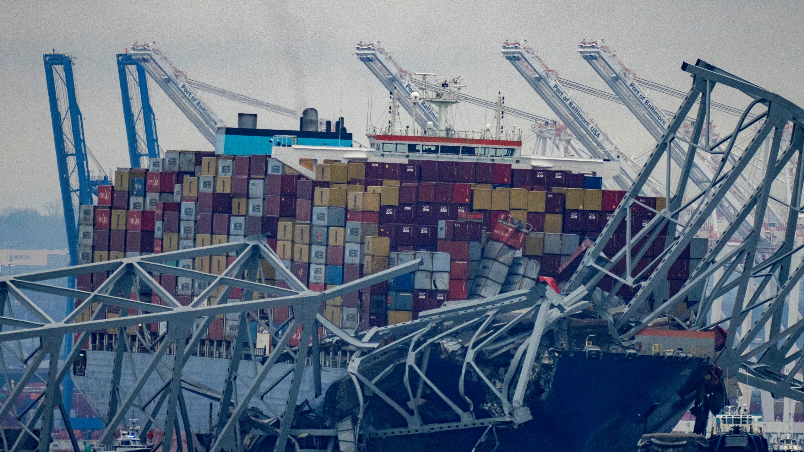 FILE - The container ship Dali, owned by Grace Ocean PTE, rests against wreckage of the Francis Scott Key Bridge in the Patapsco River on Wednesday, March 27, 2024, as seen from Pasadena, Md. (AP Photo/Alex Brandon, file)