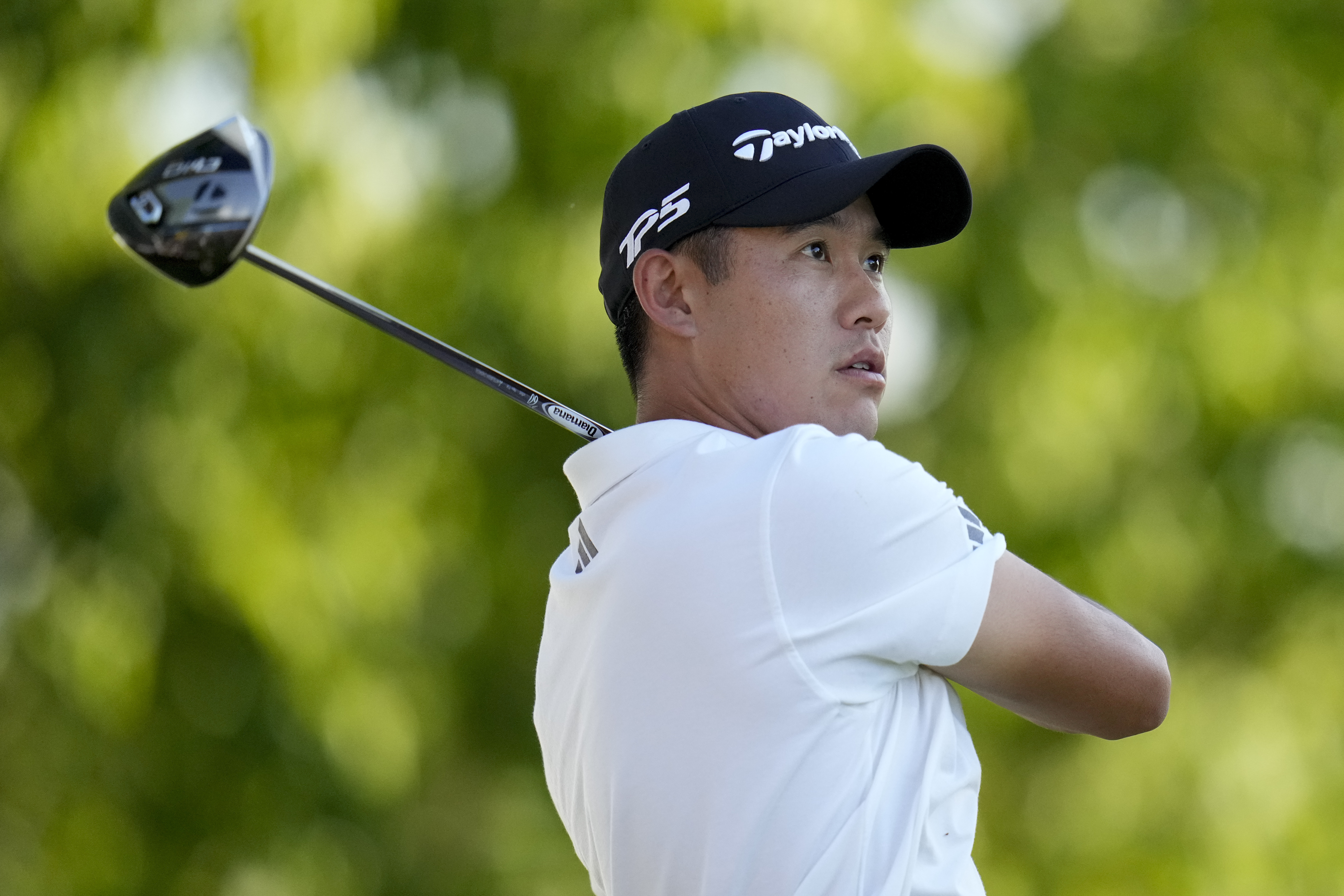 Collin Morikawa watches his tee shot on the 18th hole during the third round of the PGA Championship golf tournament at the Valhalla Golf Club, Saturday, May 18, 2024, in Louisville, Ky. (AP Photo/Jeff Roberson)