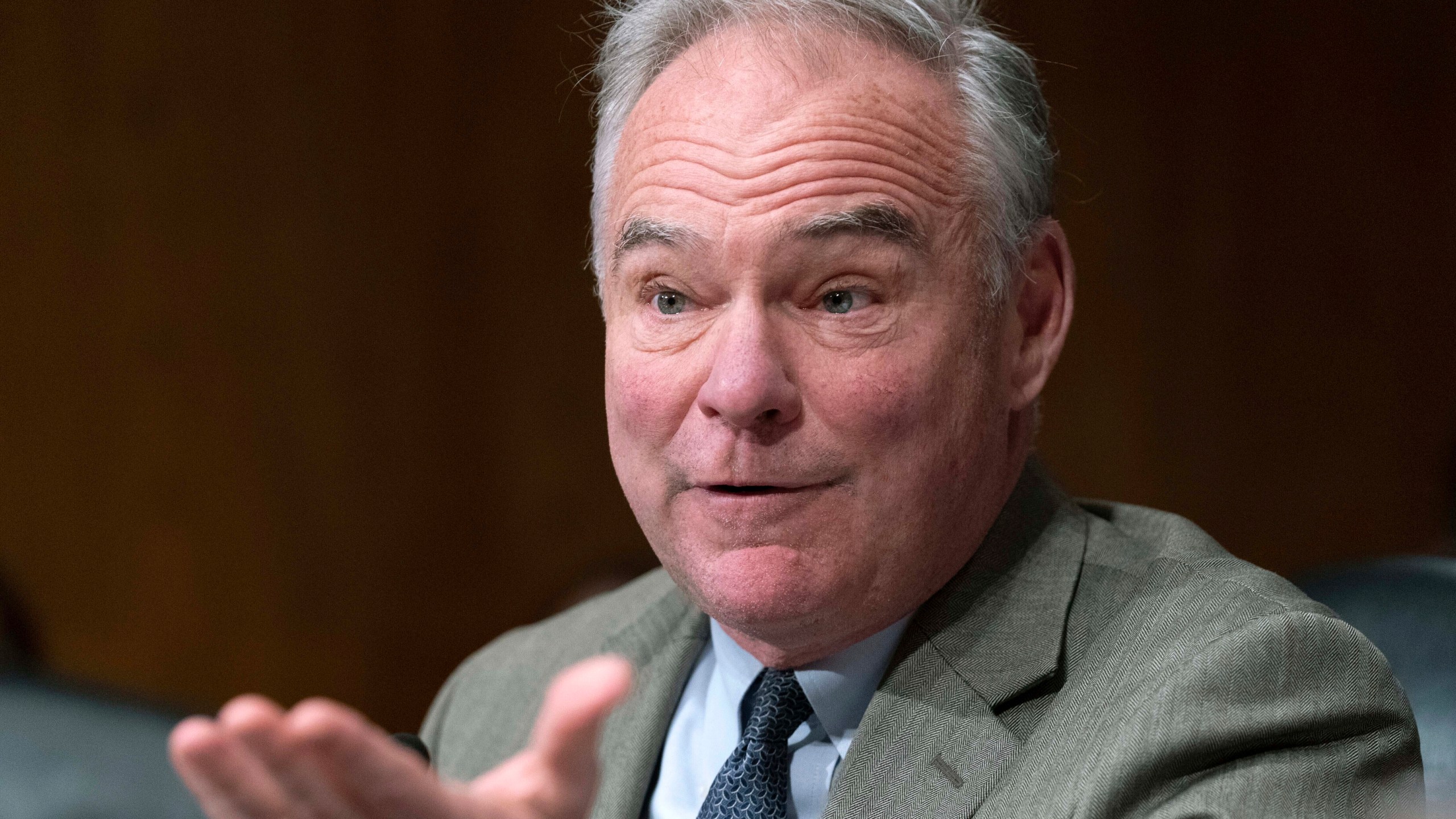 FILE - U.S. Sen. Tim Kaine, D-Va., speaks during a committee hearing on Capitol Hill in Washington, June 8, 2023. Political observers have already placed bets on Kaine, predicting the Democrat will glide into a third term as the junior U.S. Senator of Virginia, but Republicans vying for a chance to unseat the former vice presidential candidate say they see an opening with President Joe Biden at the top of November’s ticket. (AP Photo/Jose Luis Magana, File)