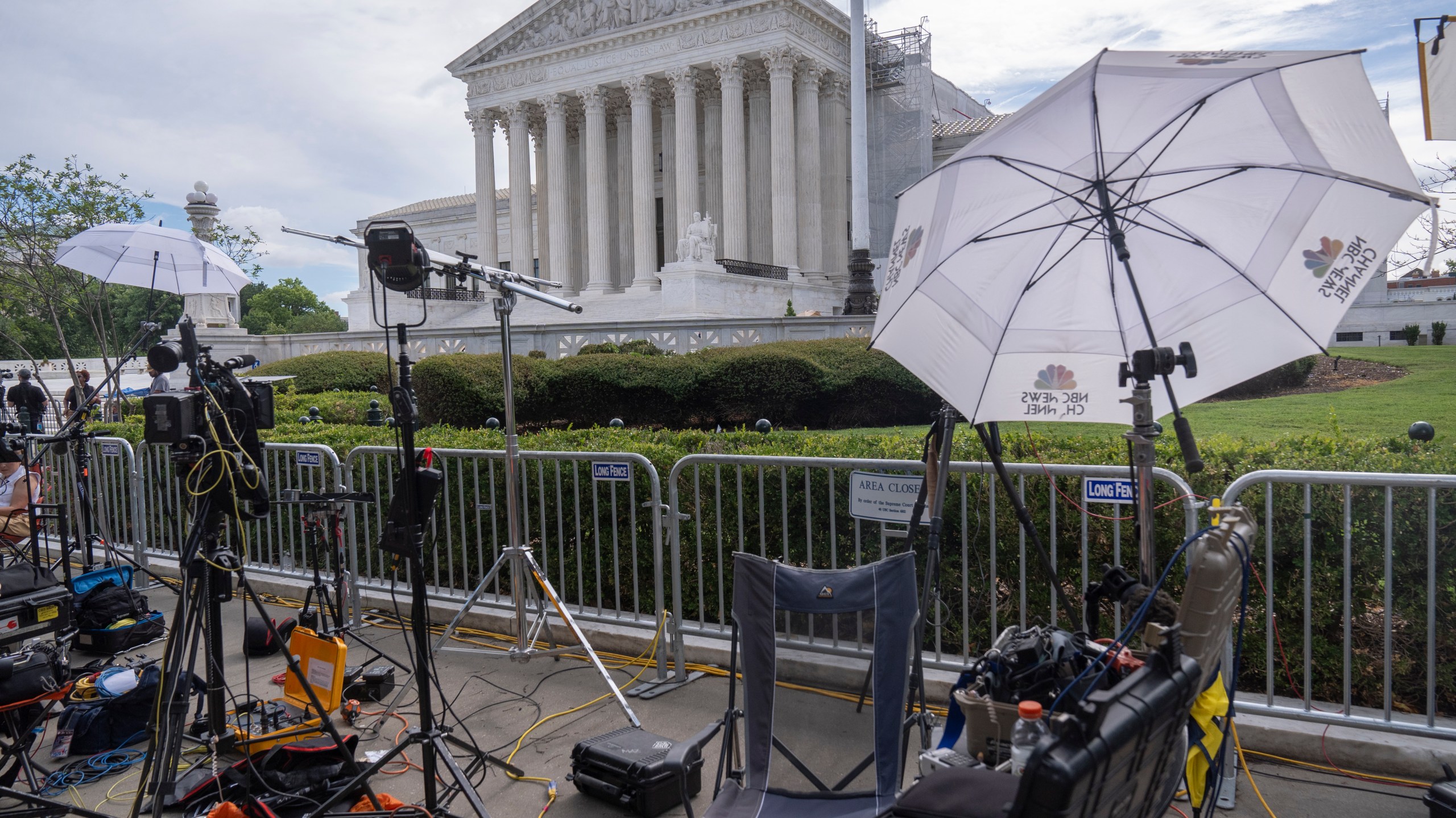 Broadcast media equipment is set up outside the Supreme Court on Thursday, June 27, 2024, in Washington. (AP Photo/Mark Schiefelbein)