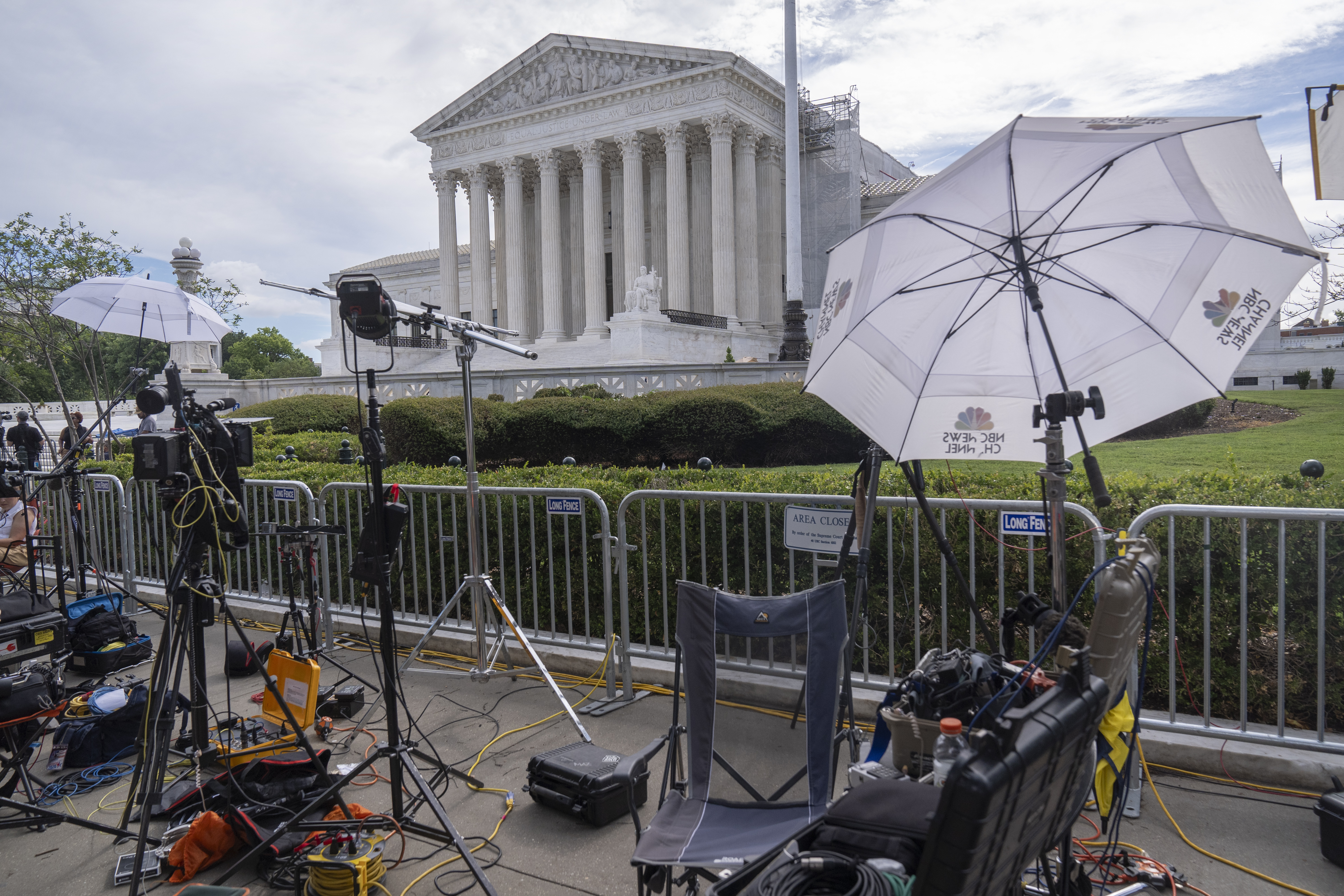Broadcast media equipment is set up outside the Supreme Court on Thursday, June 27, 2024, in Washington. (AP Photo/Mark Schiefelbein)