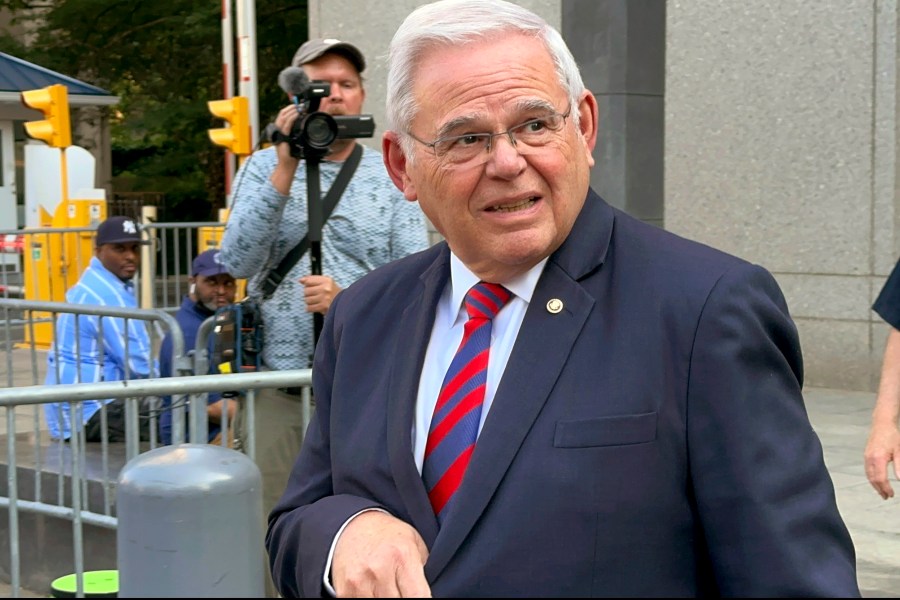 FILE- U.S. Sen. Bob Menendez, D-N.J., leaves federal court following the day's proceedings in his bribery trial, Tuesday, June 18, 2024, in New York. Prosecutors rested on Friday, June 28, 2024, after presenting evidence for seven weeks at the bribery trial of Sen. Bob Menendez, enabling the Democrat and two New Jersey businessmen to begin calling their own witnesses next week to support defense claims that no crimes were committed and no bribes were paid. (AP Photo/Larry Neumeister, File)