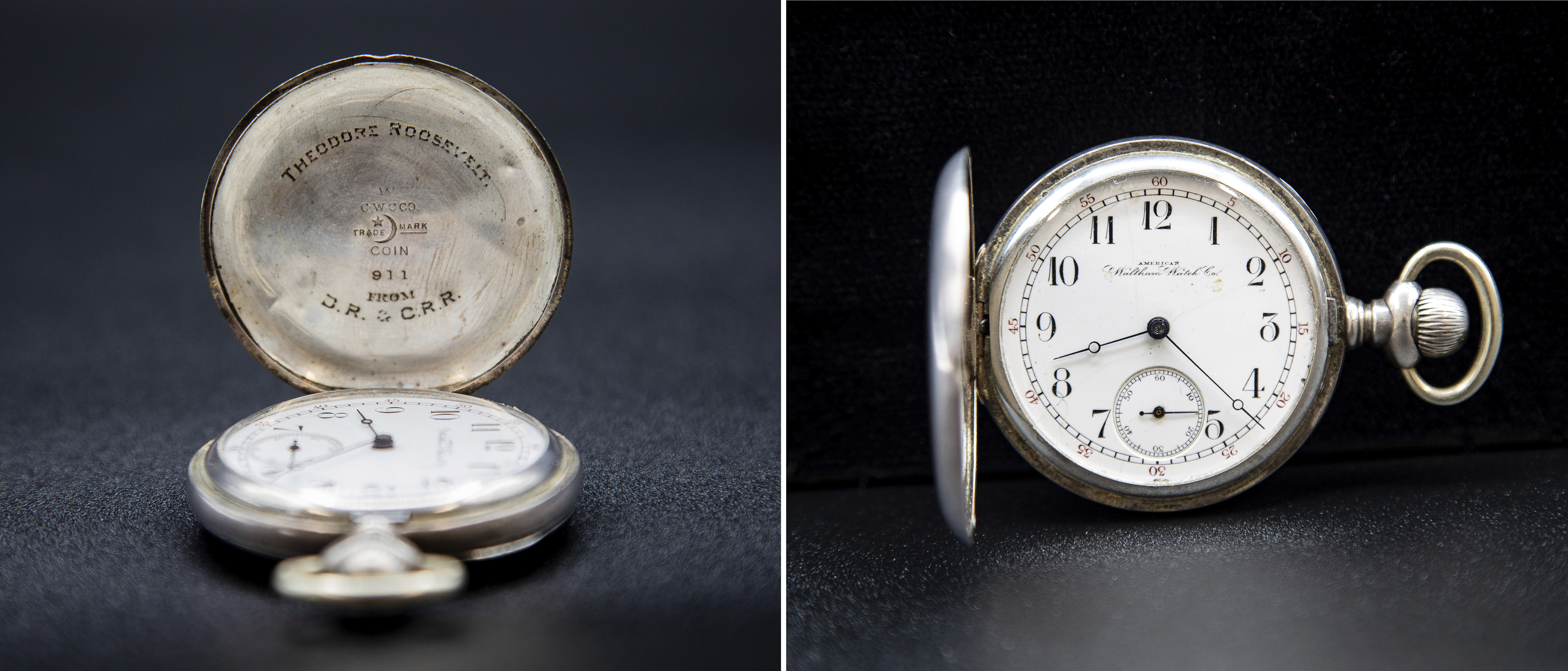 These photos, provided by the National Parks Service, show Theodore Roosevelt's favorite pocket watch that was stolen in July 1987 while on display in Buffalo, NY. The watch turned up at an auction house and was returned this week to the Sagamore Hill national historic site in New York. (Jason Wickersty/National Park Service via AP)