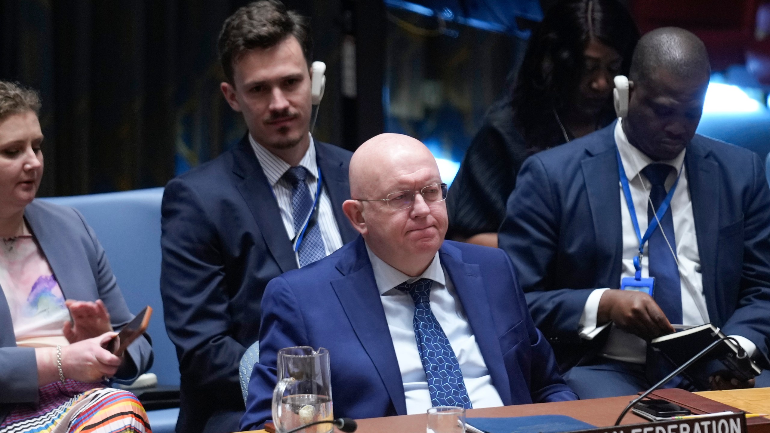 Russian ambassador to the United Nations Vassily Nebenzia listens to speakers during a Security Council meeting at United Nations headquarters, Friday, June 28, 2024. (AP Photo/Seth Wenig)