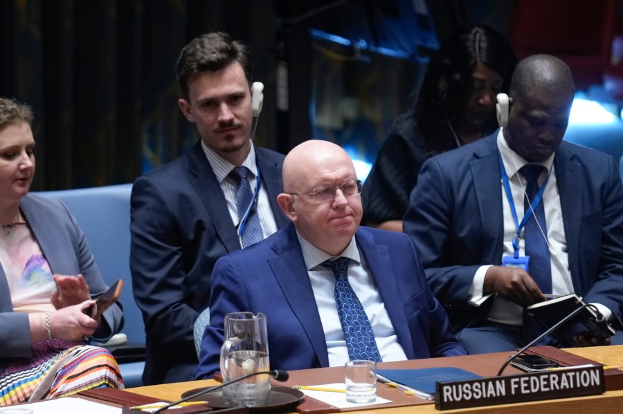 Russian ambassador to the United Nations Vassily Nebenzia listens to speakers during a Security Council meeting at United Nations headquarters, Friday, June 28, 2024. (AP Photo/Seth Wenig)