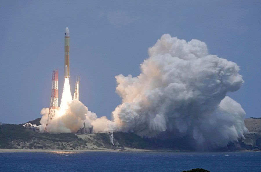 Japan’s H3 rocket with satellite Daichi 4 lifts off the launch pad in Tanegashima Space Center, Tanegashima, Kagoshima prefecture, southern Japan, Monday, July 1, 2024. Japan’s space agency on Monday launched the new flagship H3 rocket carrying an upgraded observation satellite for disaster response and security.(Kyodo News via AP)