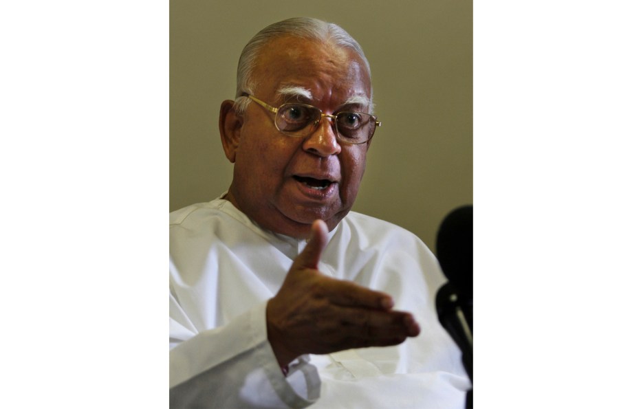 FILE- Sri Lanka's ethnic Tamil minority political party Tamil National Alliance leader Rajavarothiam Sampanthan gestures as he speaks during a media conference in Colombo, Sri Lanka, June 9, 2010. Sampanthan, a senior ethnic Tamil leader and lawmaker, who became the face of the minority community's campaign for autonomy in Sri Lanka since the end of a brutal quarter-century civil war, has died. He was 91.(AP Photo/Eranga Jayawardena, File)