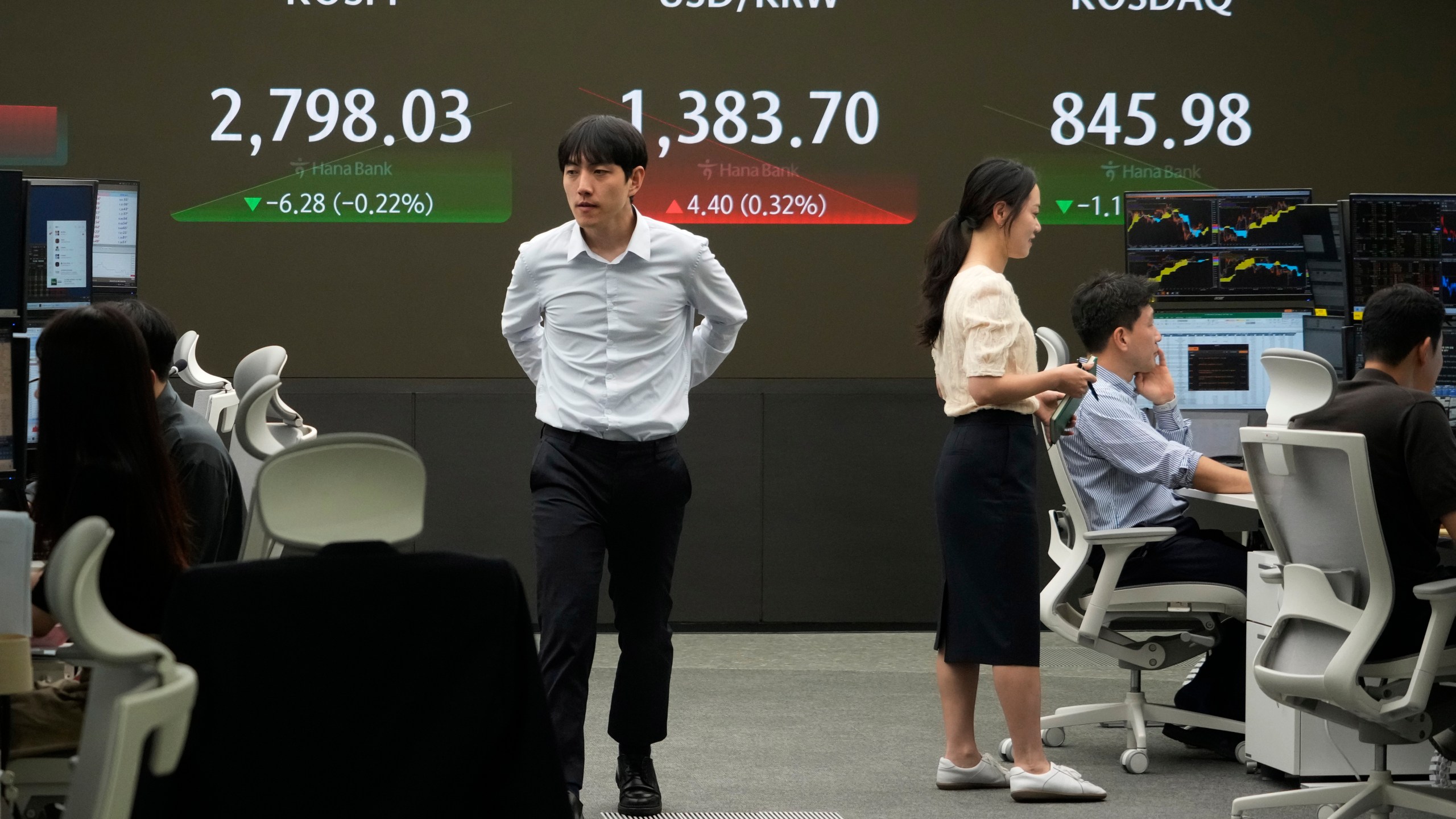 Currency traders work near the screen showing the Korea Composite Stock Price Index (KOSPI), top left, and the foreign exchange rate between U.S. dollar and South Korean won, top center, at the foreign exchange dealing room of the KEB Hana Bank headquarters in Seoul, South Korea, Tuesday, July 2, 2024. (AP Photo/Ahn Young-joon)
