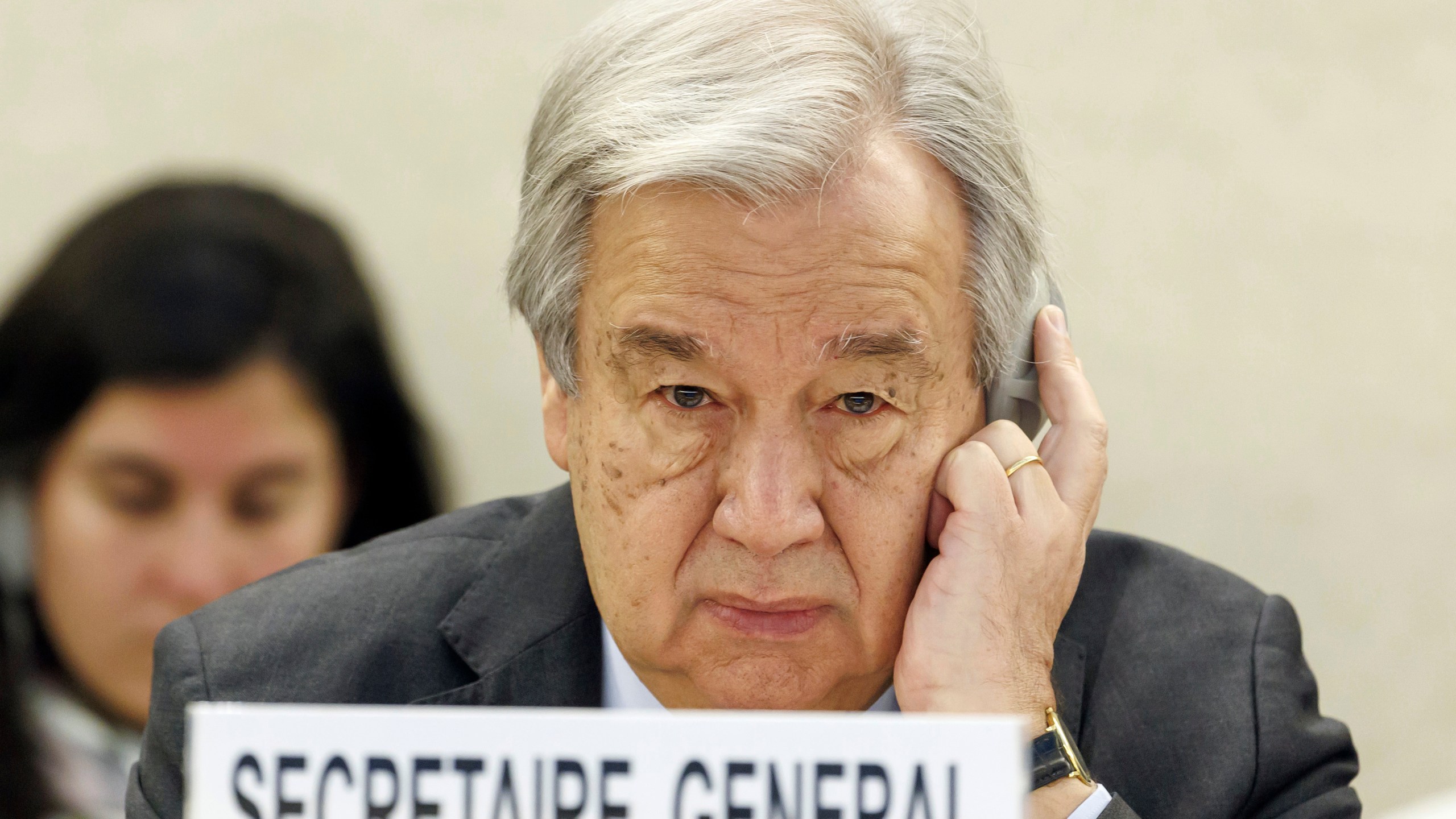 FILE - U.N. Secretary-General Antonio Guterres listens to a speech during the opening of the High-Level Segment of the 55th session of the Human Rights Council at the European headquarters of the United Nations in Geneva, Switzerland, on Feb. 26, 2024. U.N. Guterres will attend a session of the Shanghai Cooperation Organization summit in Astana, Kazakhstan. (Salvatore Di Nolfi/Keystone via AP, File)