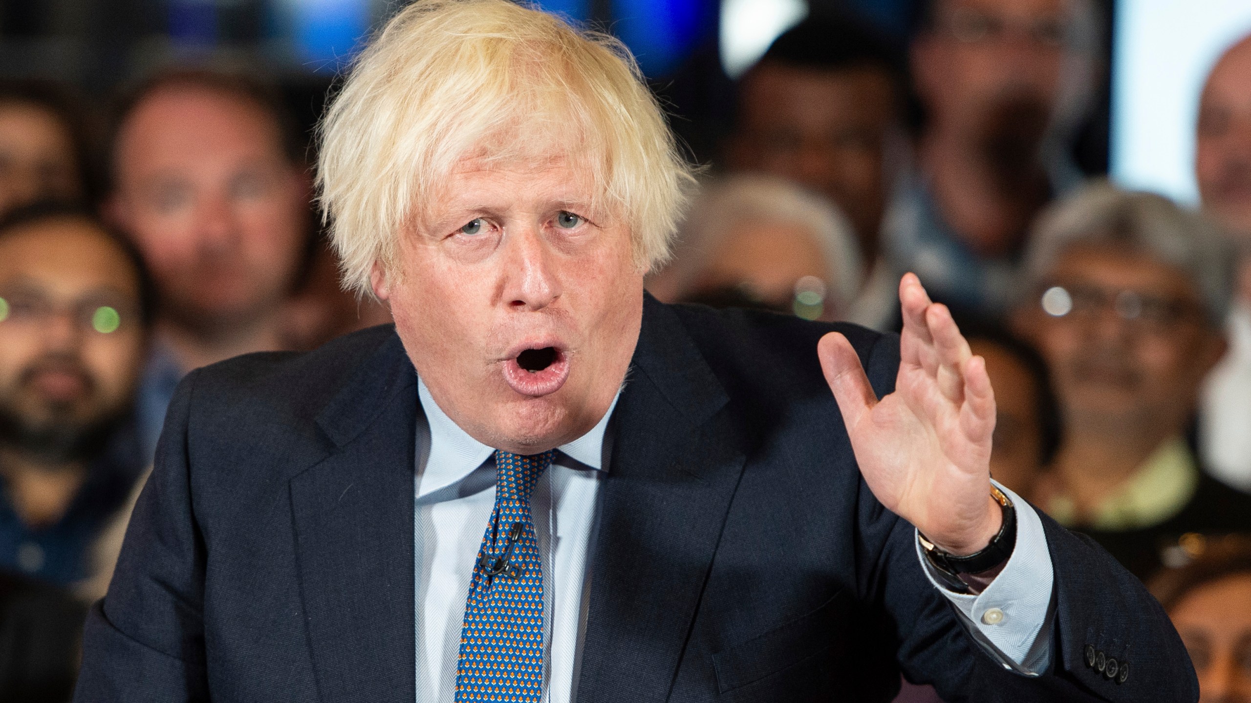 Former Prime Minister of the United Kingdom, Boris Johnson, delivers a speech at a Conservative Party campaign event at the National Army Museum in London., Tuesday, July 2, 2024. (AP Photo/Thomas Krych)