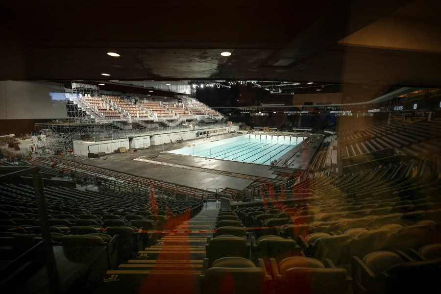 A view of the olympic swimming pool, Wednesday, June 12, 2024 at the Paris La Defense Arena, in Nanterre, outside Paris. The Paris La Defense Arena will host the swimming and some water polo events during the Paris 2024 Olympic Games. (AP Photo/Thomas Padilla)