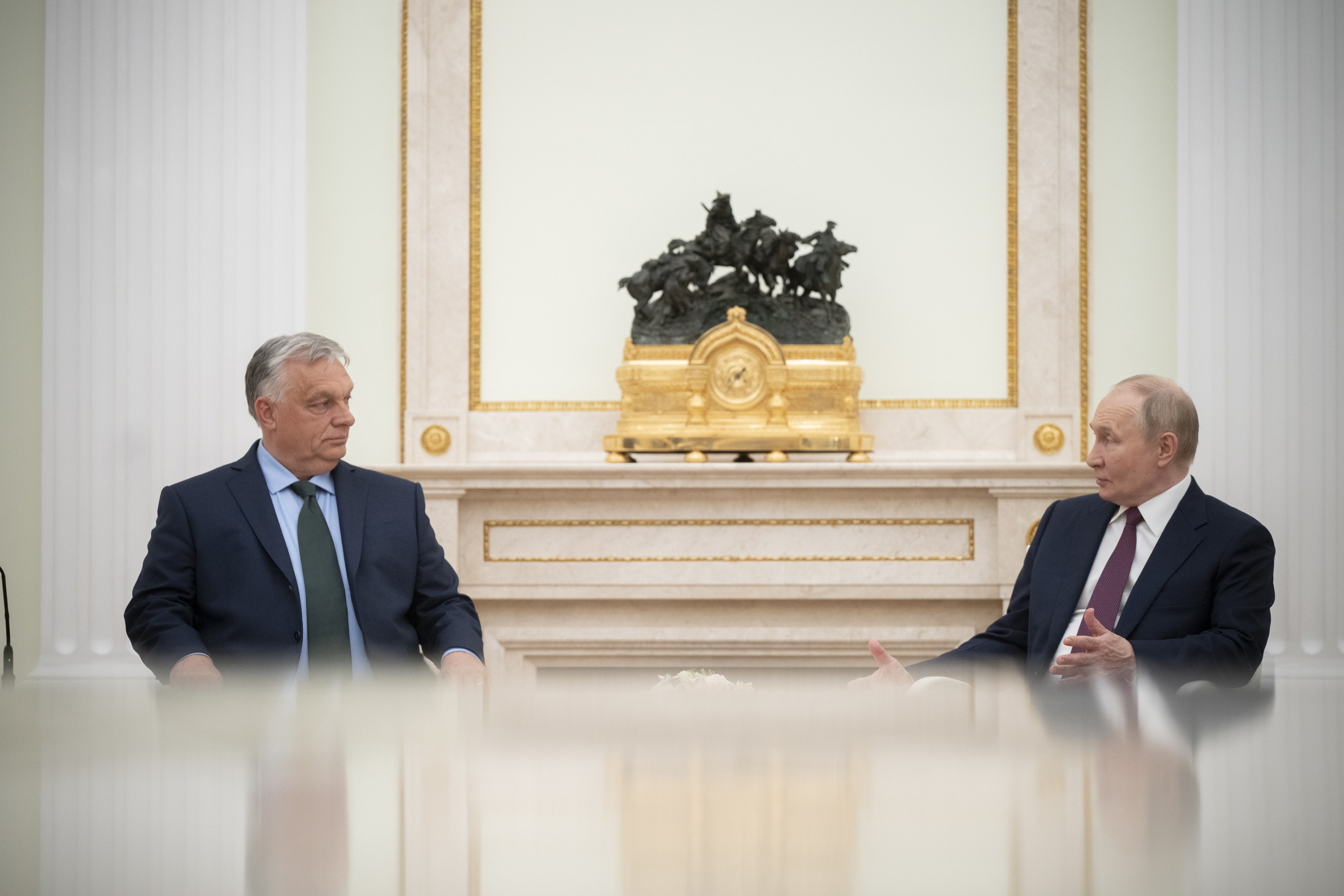 In this picture issued by the Hungarian PM's Press Office Russian President Vladimit Putin, right, and Hungarian Prime Minister Viktor Orban are seen during their meeting in the Kemlin in Moscow, Russia, Friday, July 5, 2024. (Vivien Cher Benko/Hungarian Prime Minister's Office/MTI via AP)